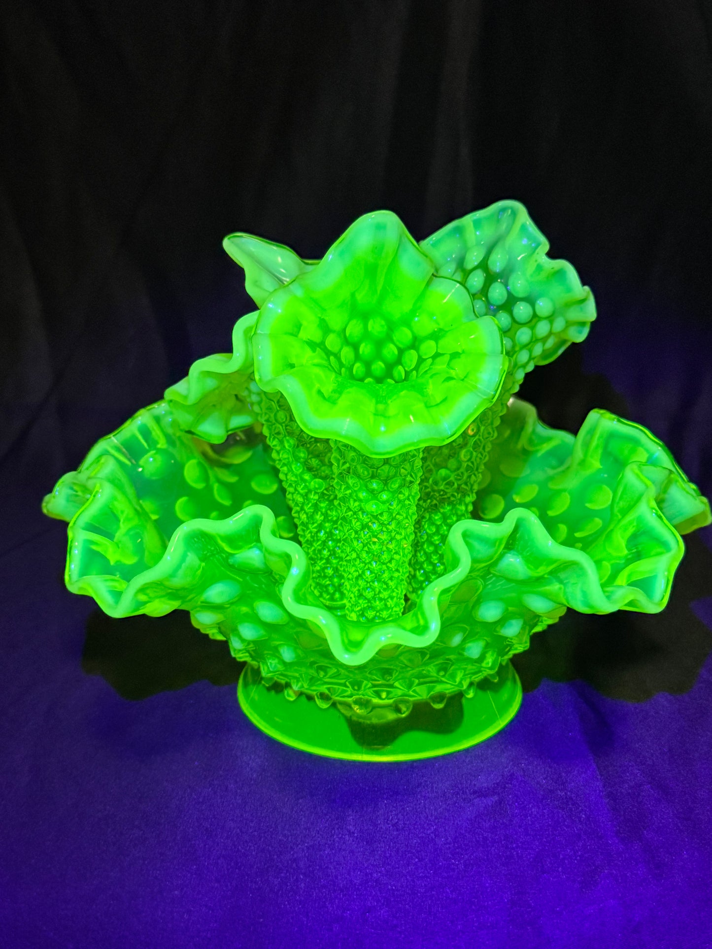 Uranium- hobnail- 6” Epergne - 3 horns