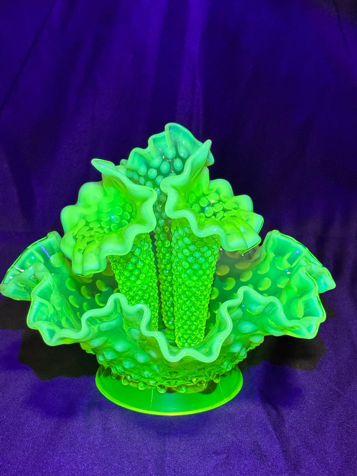Uranium- hobnail- 6” Epergne - 3 horns