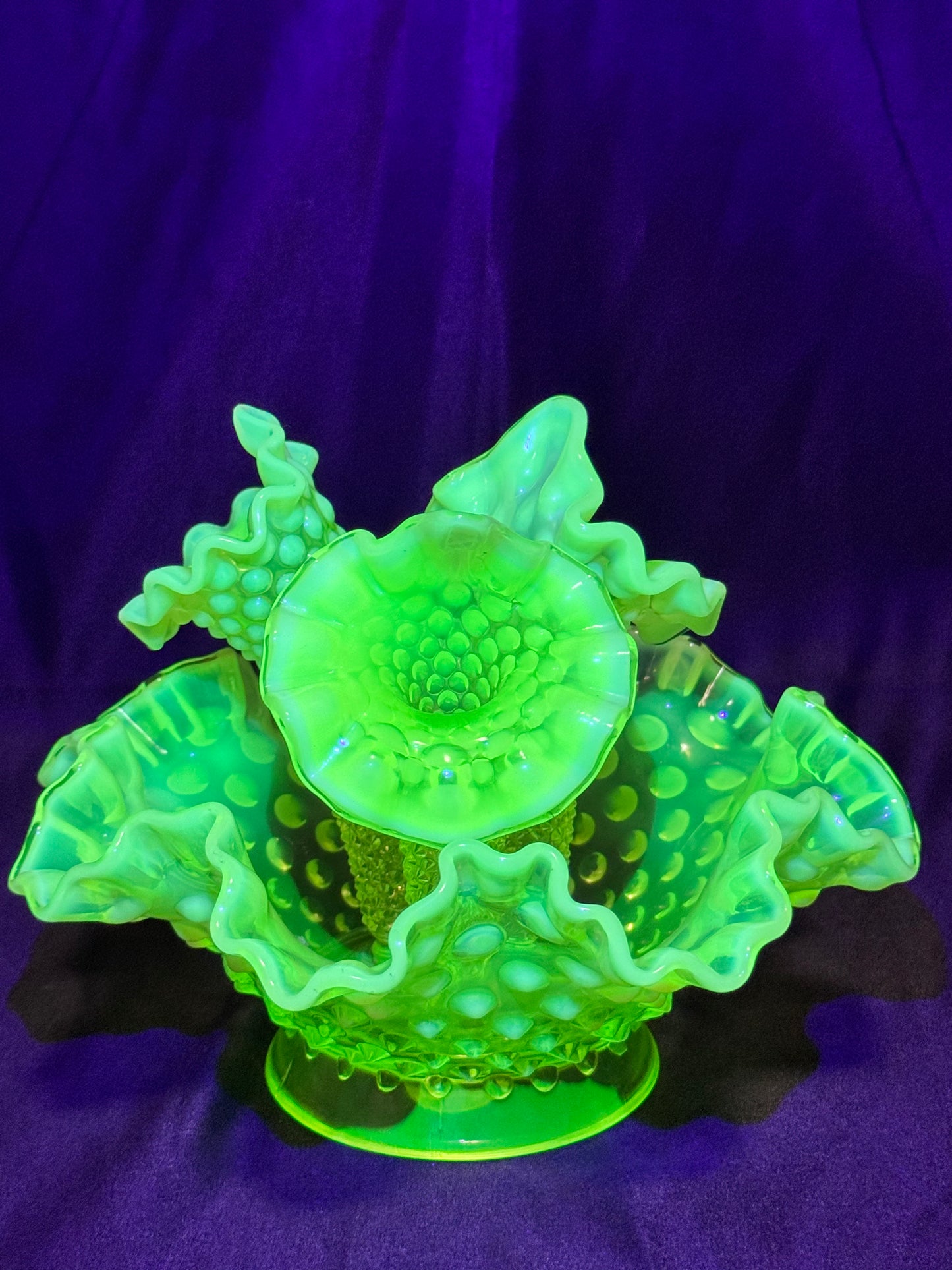 Uranium- hobnail- 6” Epergne - 3 horns