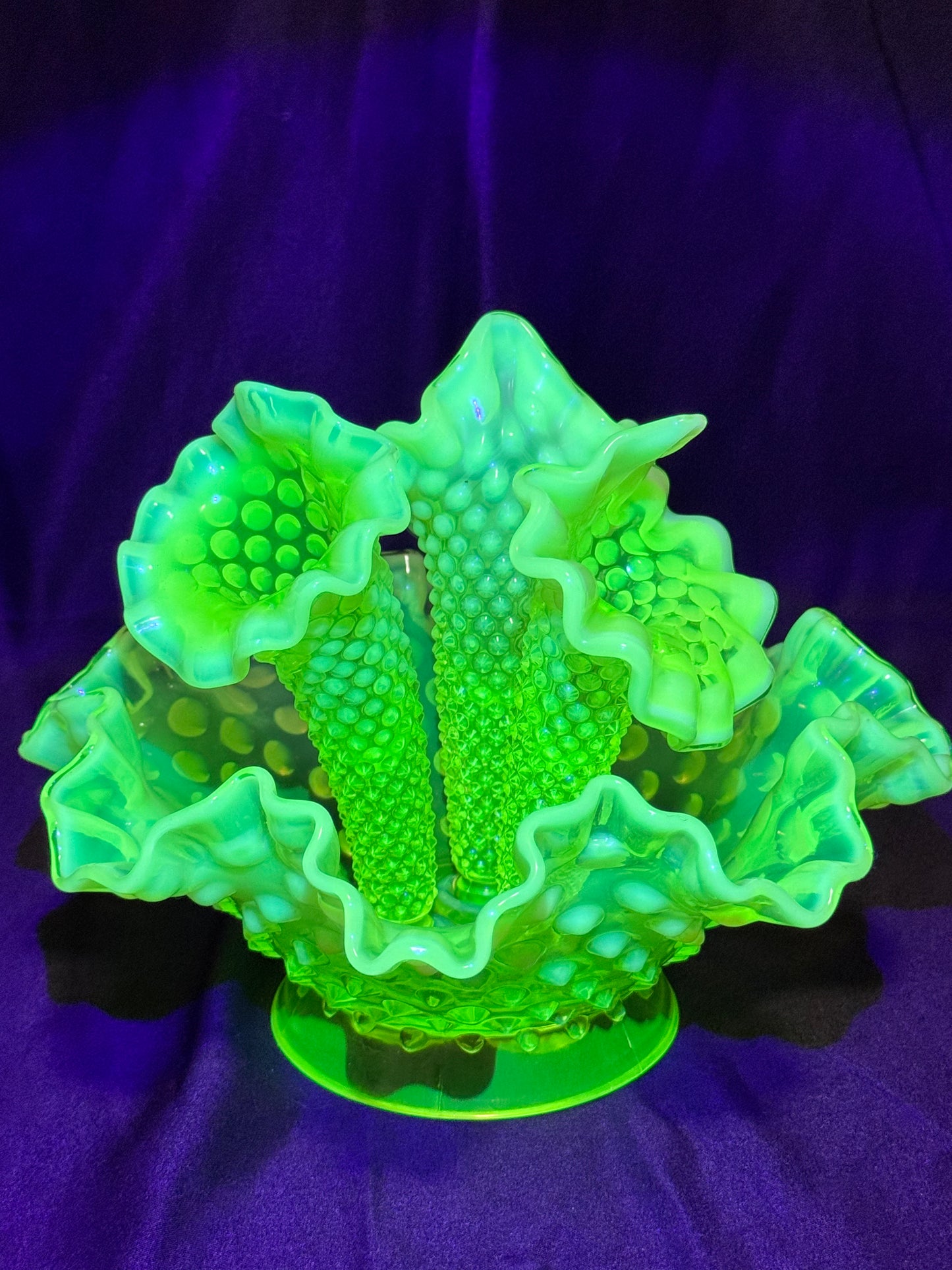 Uranium- hobnail- 6” Epergne - 3 horns