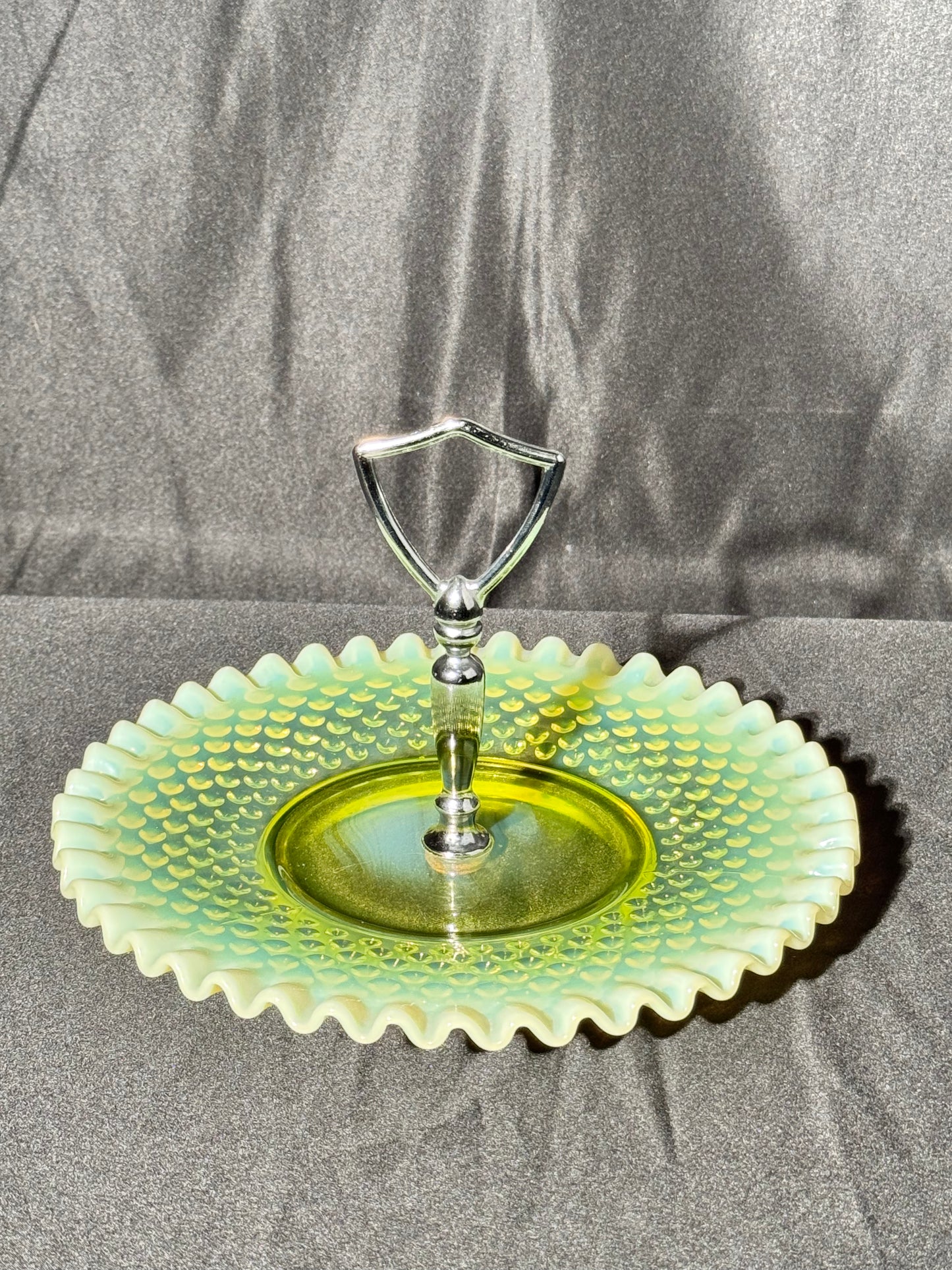 Uranium Fenton hobnail dessert pedestal tray- 8” wide 5.5” tall