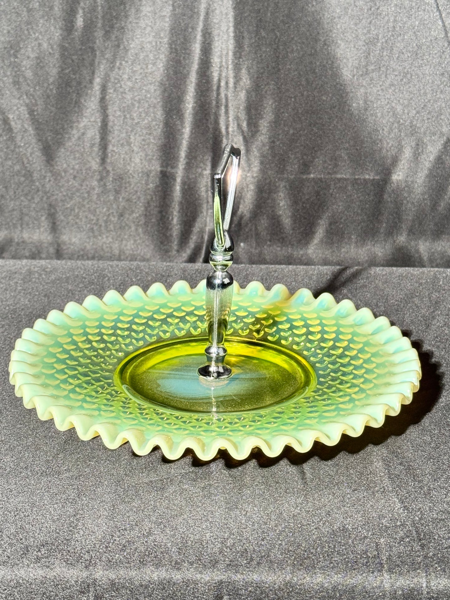 Uranium Fenton hobnail dessert pedestal tray- 8” wide 5.5” tall