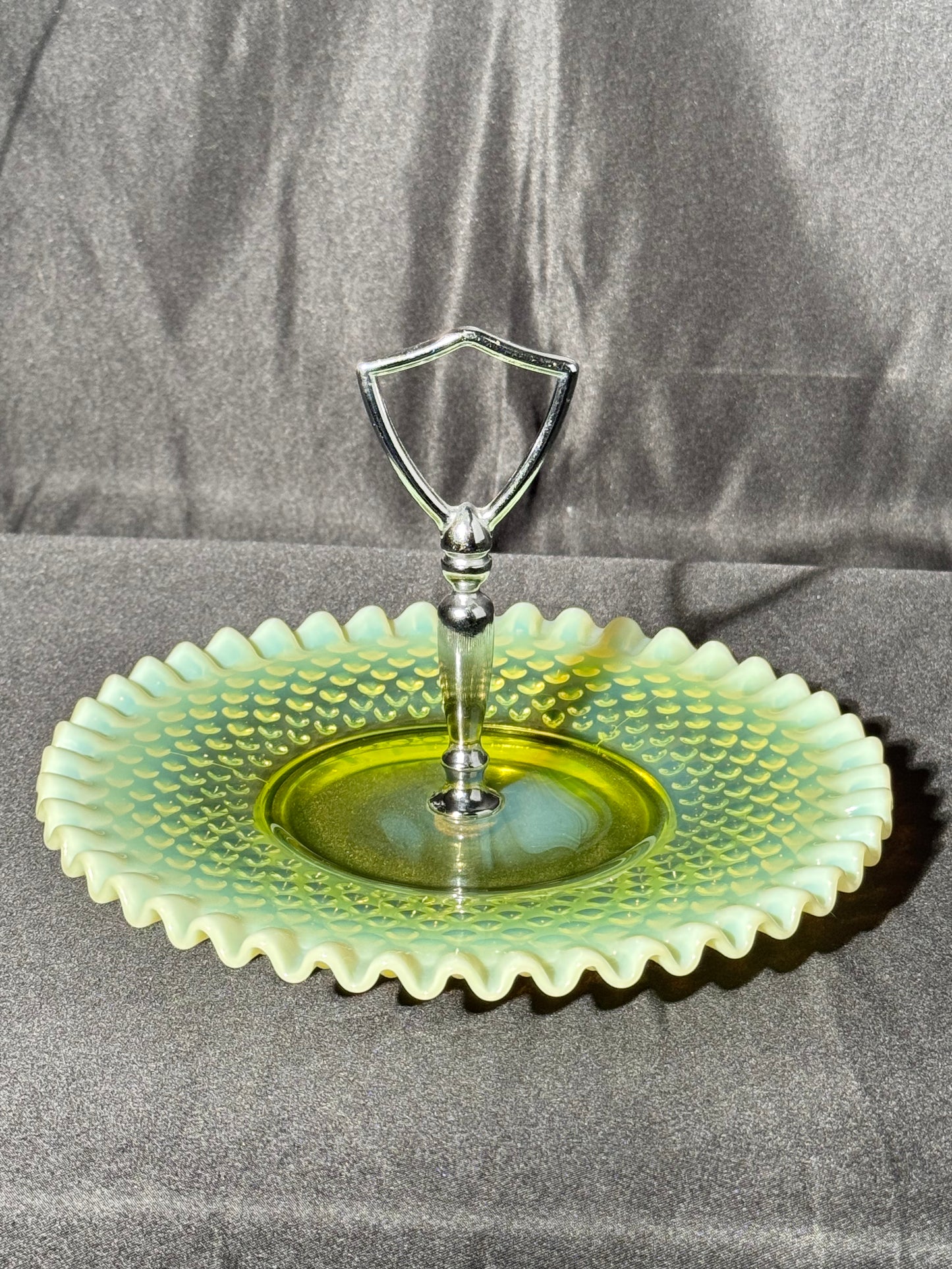 Uranium Fenton hobnail dessert pedestal tray- 8” wide 5.5” tall