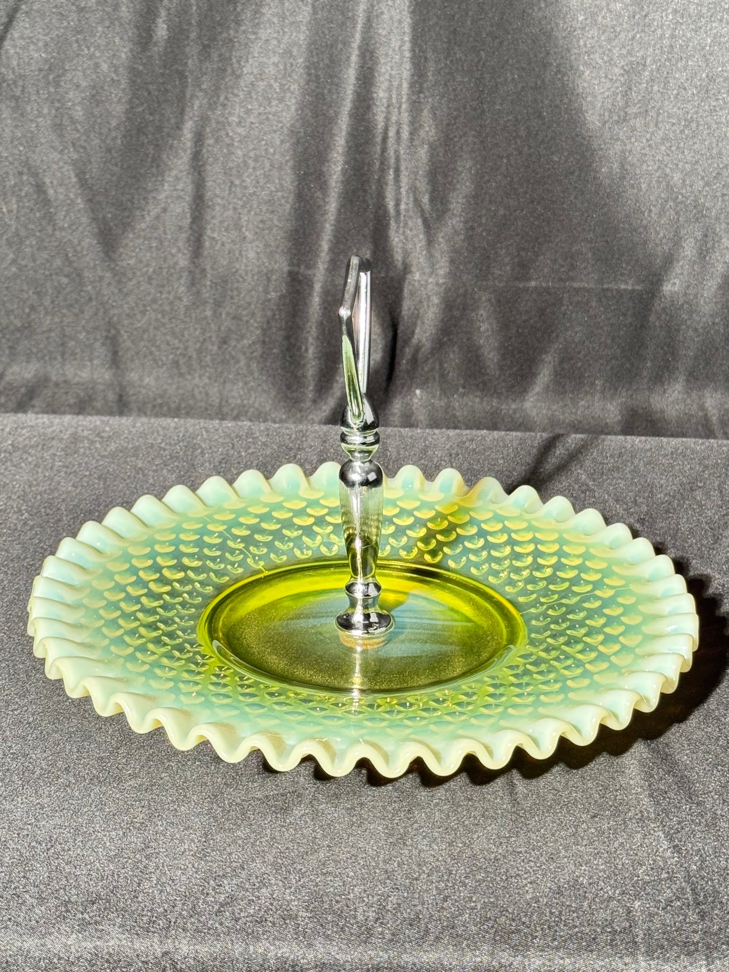 Uranium Fenton hobnail dessert pedestal tray- 8” wide 5.5” tall