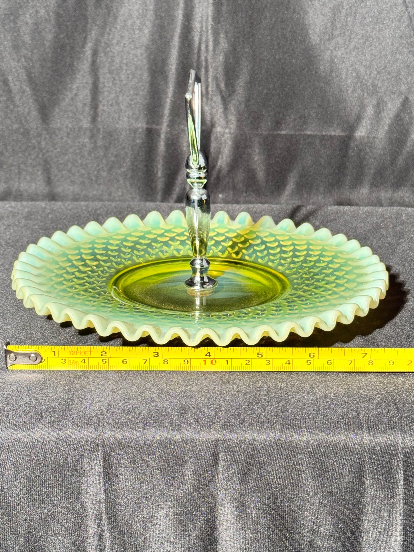 Uranium Fenton hobnail dessert pedestal tray- 8” wide 5.5” tall