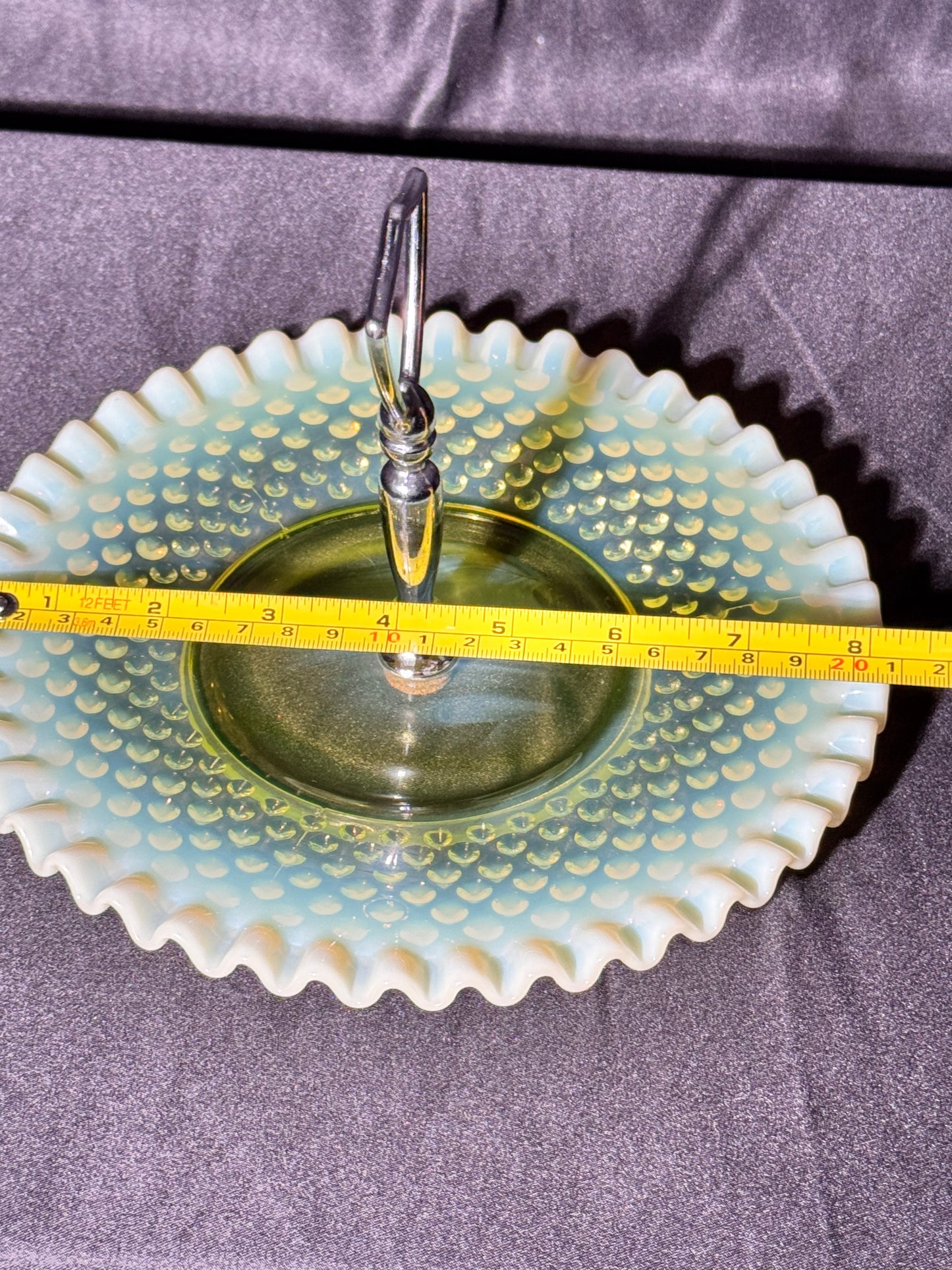 Uranium Fenton hobnail dessert pedestal tray- 8” wide 5.5” tall