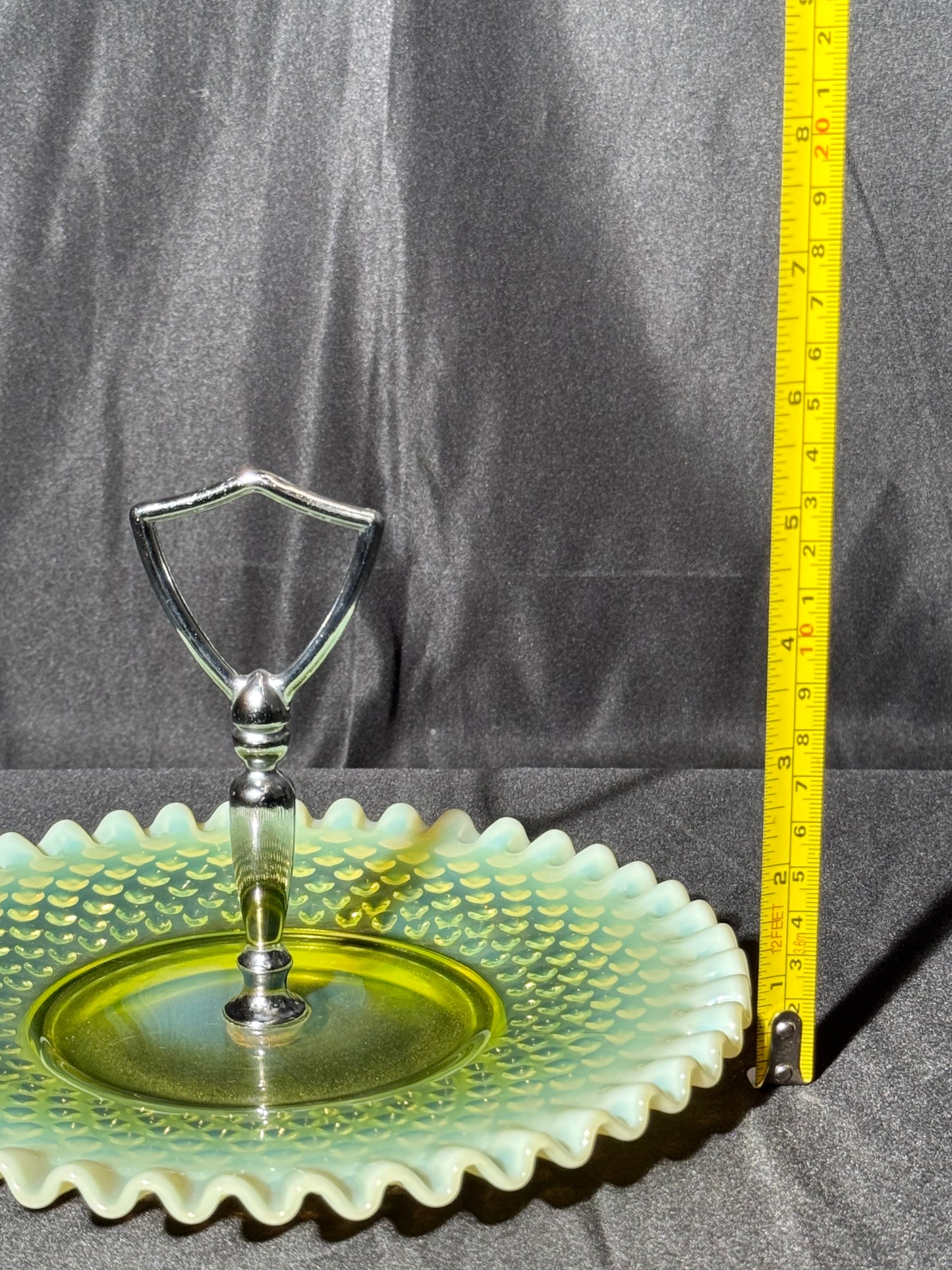 Uranium Fenton hobnail dessert pedestal tray- 8” wide 5.5” tall