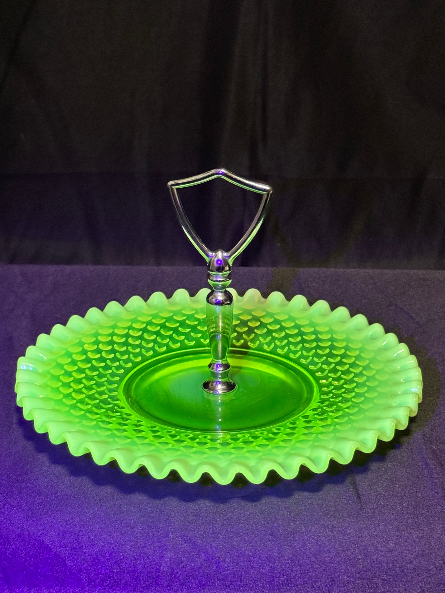 Uranium Fenton hobnail dessert pedestal tray- 8” wide 5.5” tall