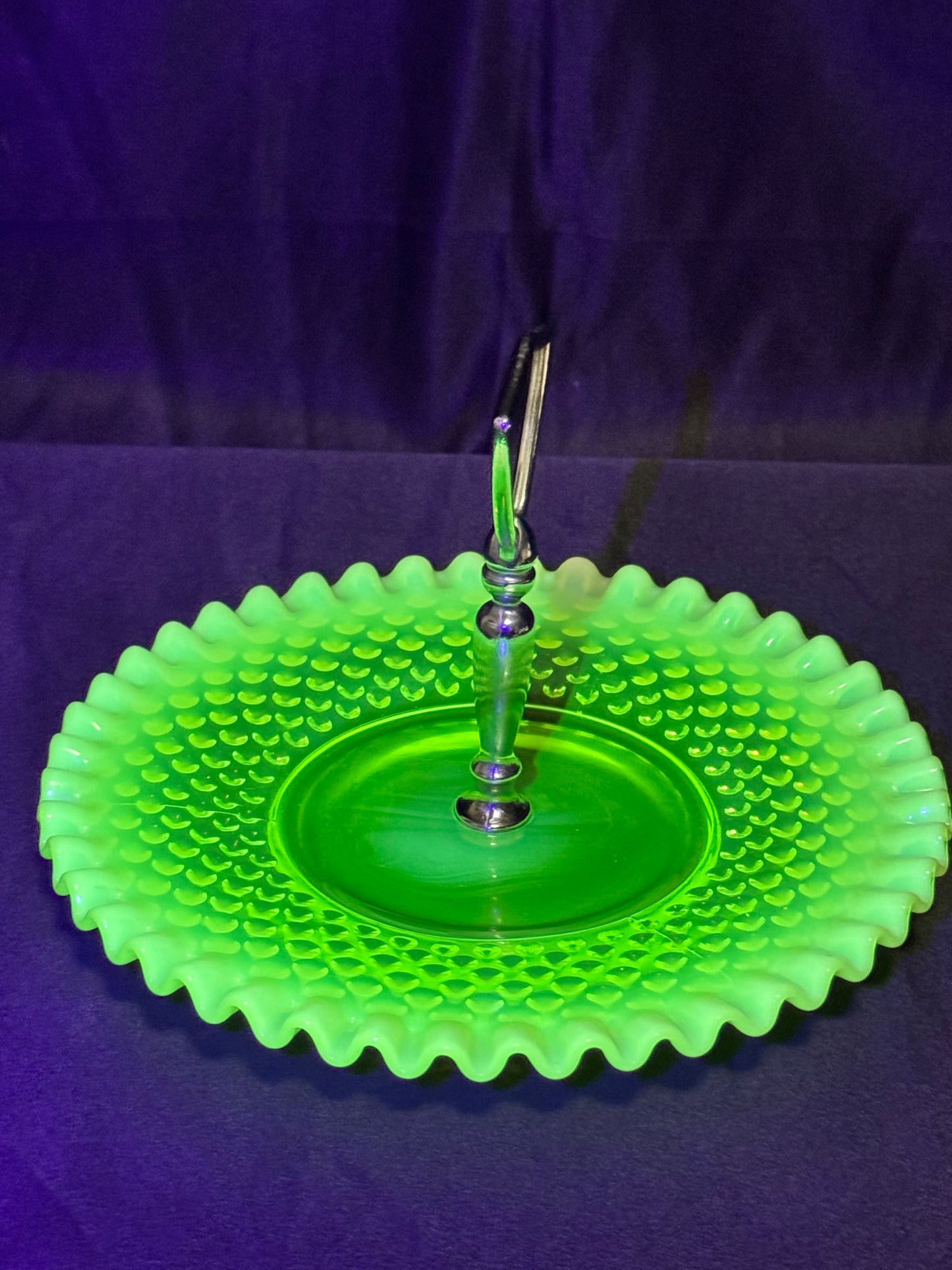 Uranium Fenton hobnail dessert pedestal tray- 8” wide 5.5” tall