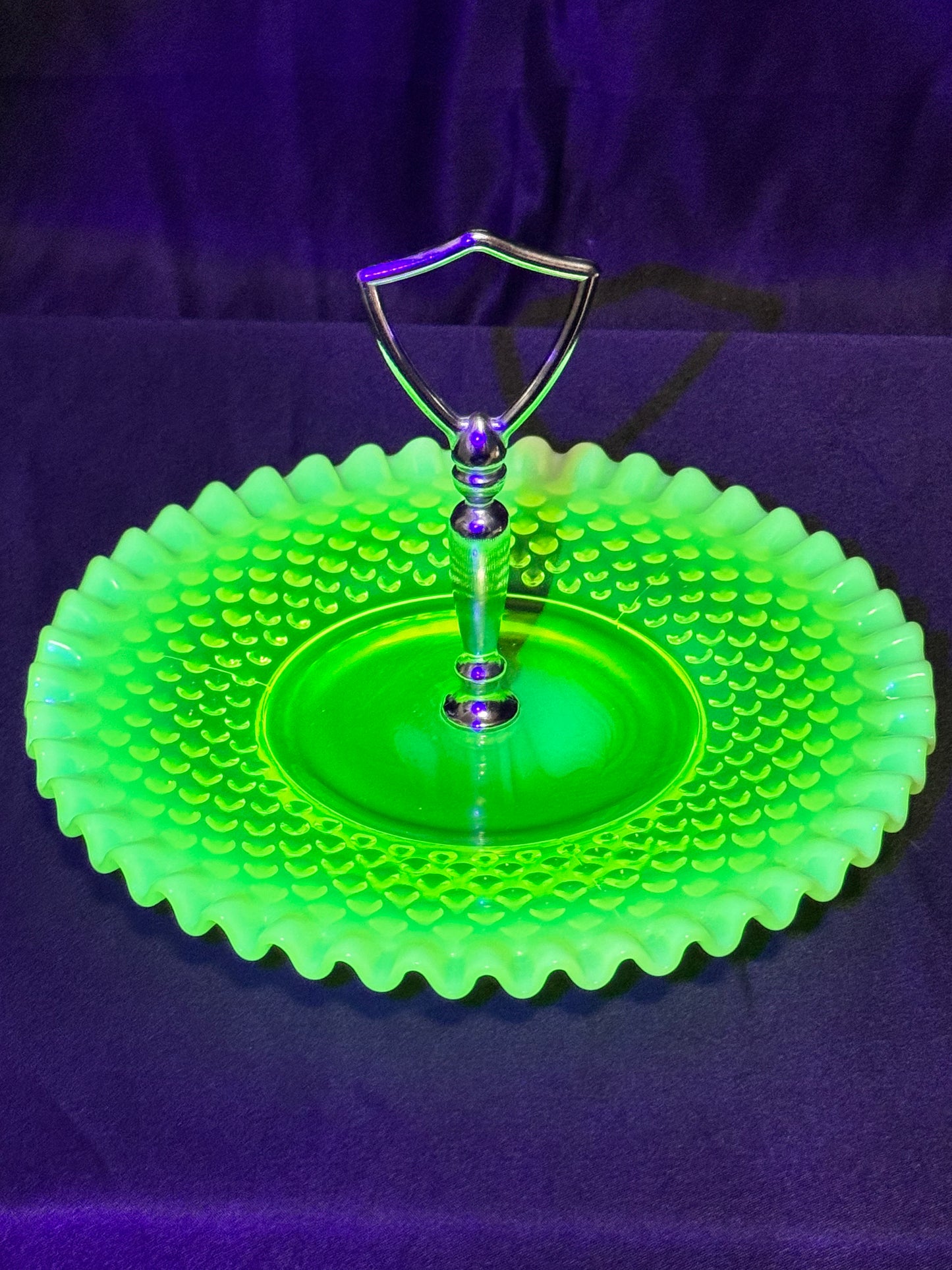 Uranium Fenton hobnail dessert pedestal tray- 8” wide 5.5” tall