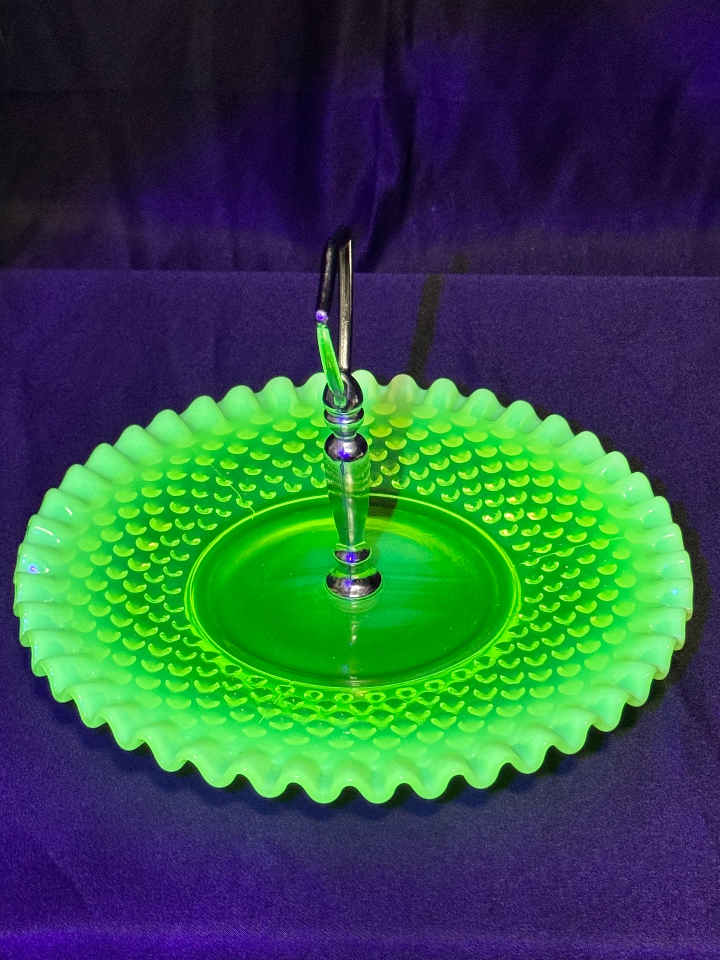 Uranium Fenton hobnail dessert pedestal tray- 8” wide 5.5” tall
