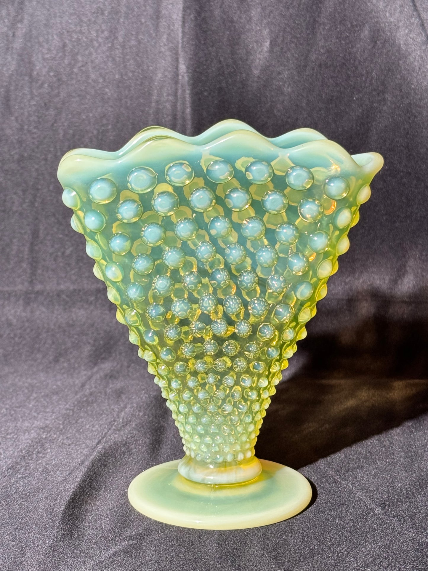 Uranium- Fenton- Hobnail- 6” Fan Vase- Topaz Opalescent
