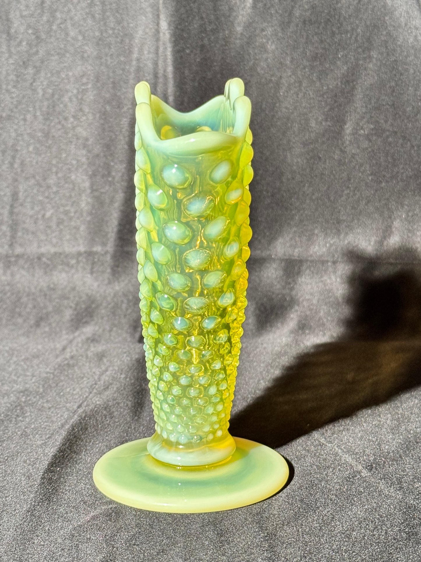Uranium- Fenton- Hobnail- 6” Fan Vase- Topaz Opalescent