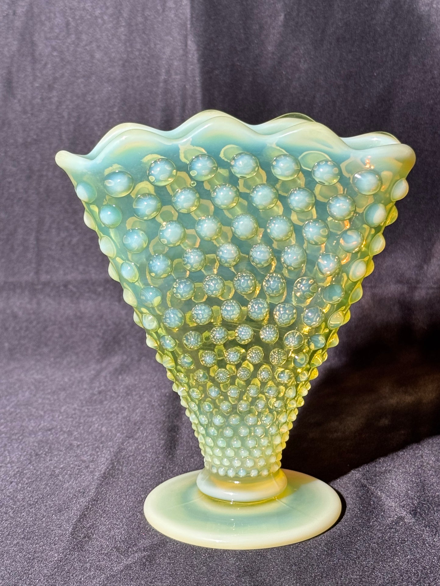 Uranium- Fenton- Hobnail- 6” Fan Vase- Topaz Opalescent