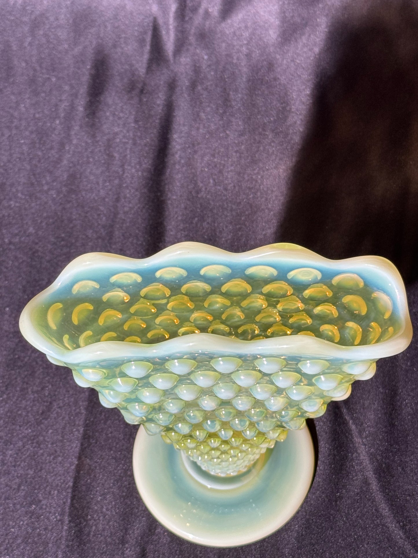 Uranium- Fenton- Hobnail- 6” Fan Vase- Topaz Opalescent