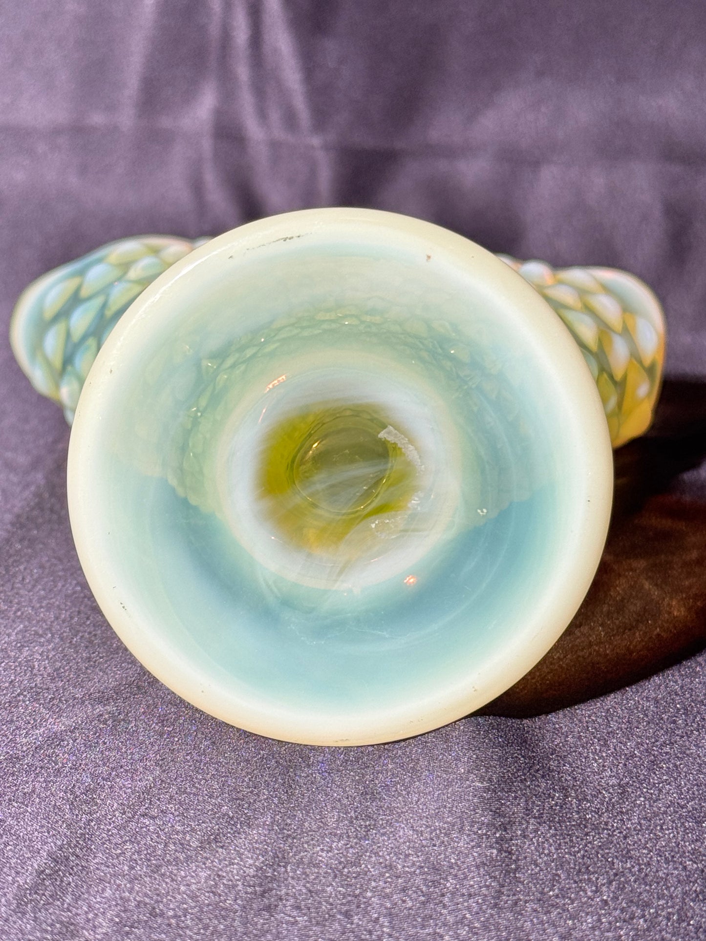 Uranium- Fenton- Hobnail- 6” Fan Vase- Topaz Opalescent