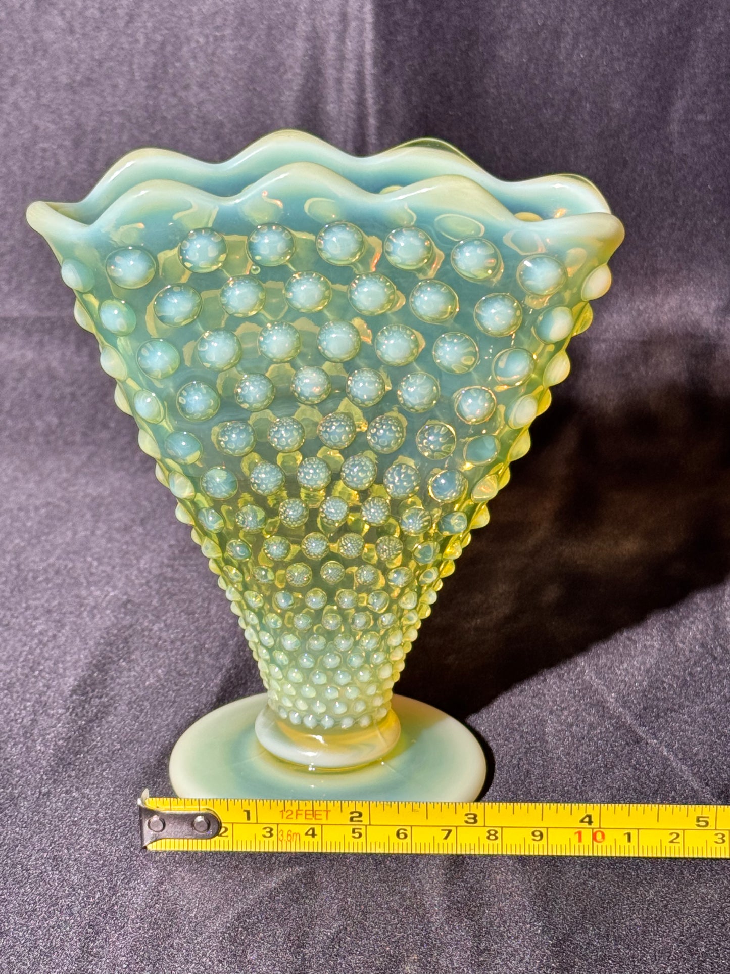 Uranium- Fenton- Hobnail- 6” Fan Vase- Topaz Opalescent