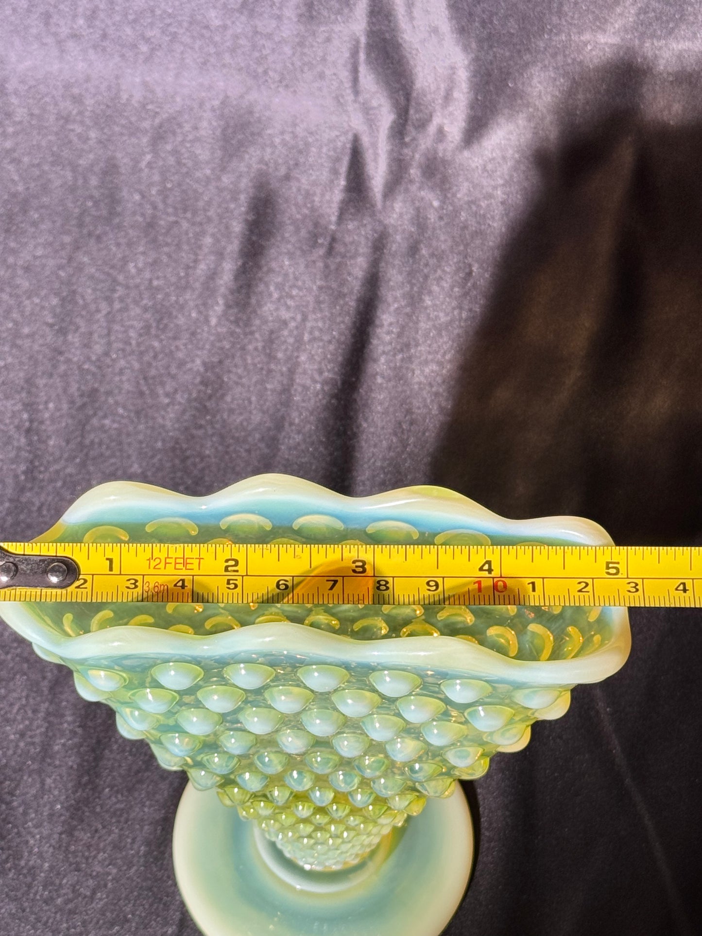 Uranium- Fenton- Hobnail- 6” Fan Vase- Topaz Opalescent