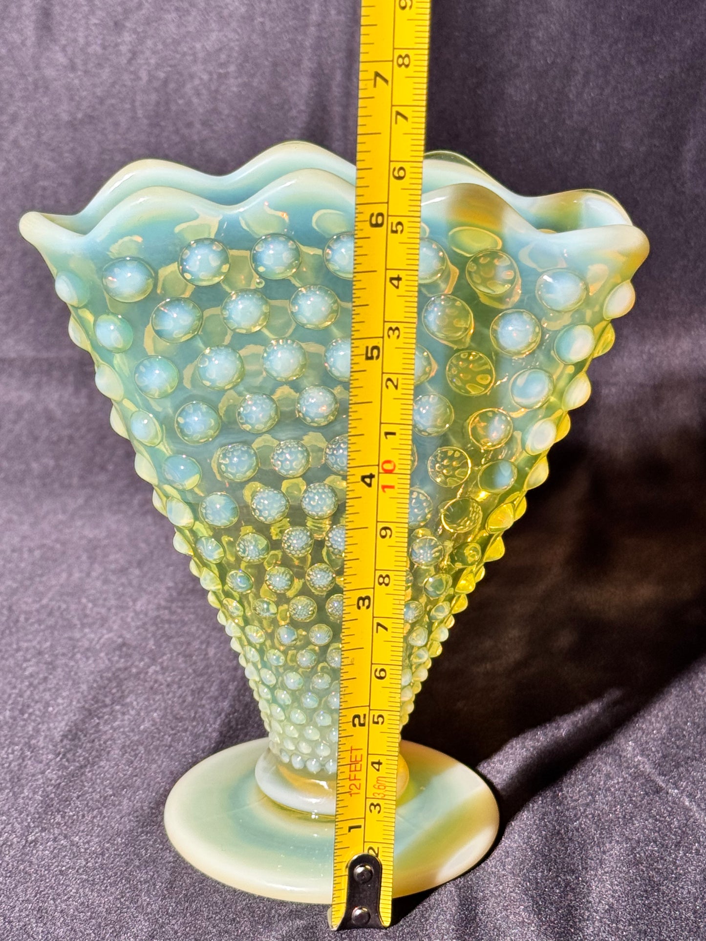 Uranium- Fenton- Hobnail- 6” Fan Vase- Topaz Opalescent