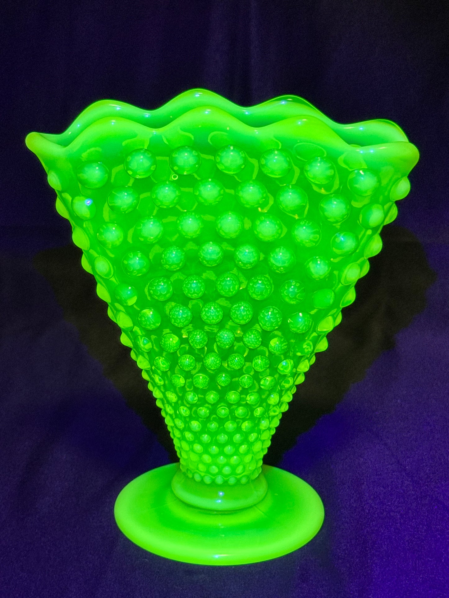 Uranium- Fenton- Hobnail- 6” Fan Vase- Topaz Opalescent