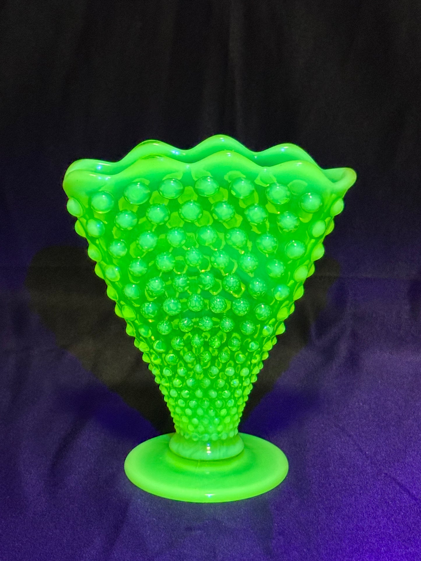 Uranium- Fenton- Hobnail- 6” Fan Vase- Topaz Opalescent