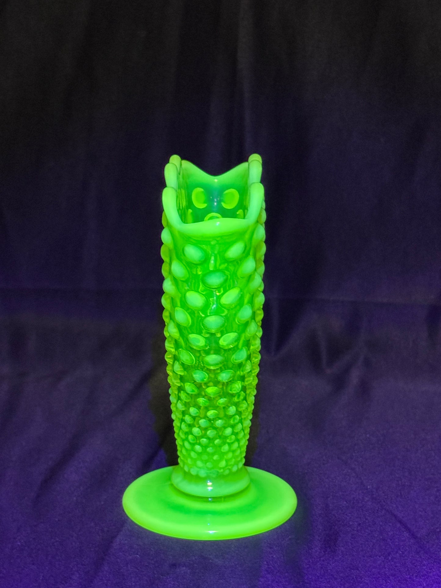 Uranium- Fenton- Hobnail- 6” Fan Vase- Topaz Opalescent