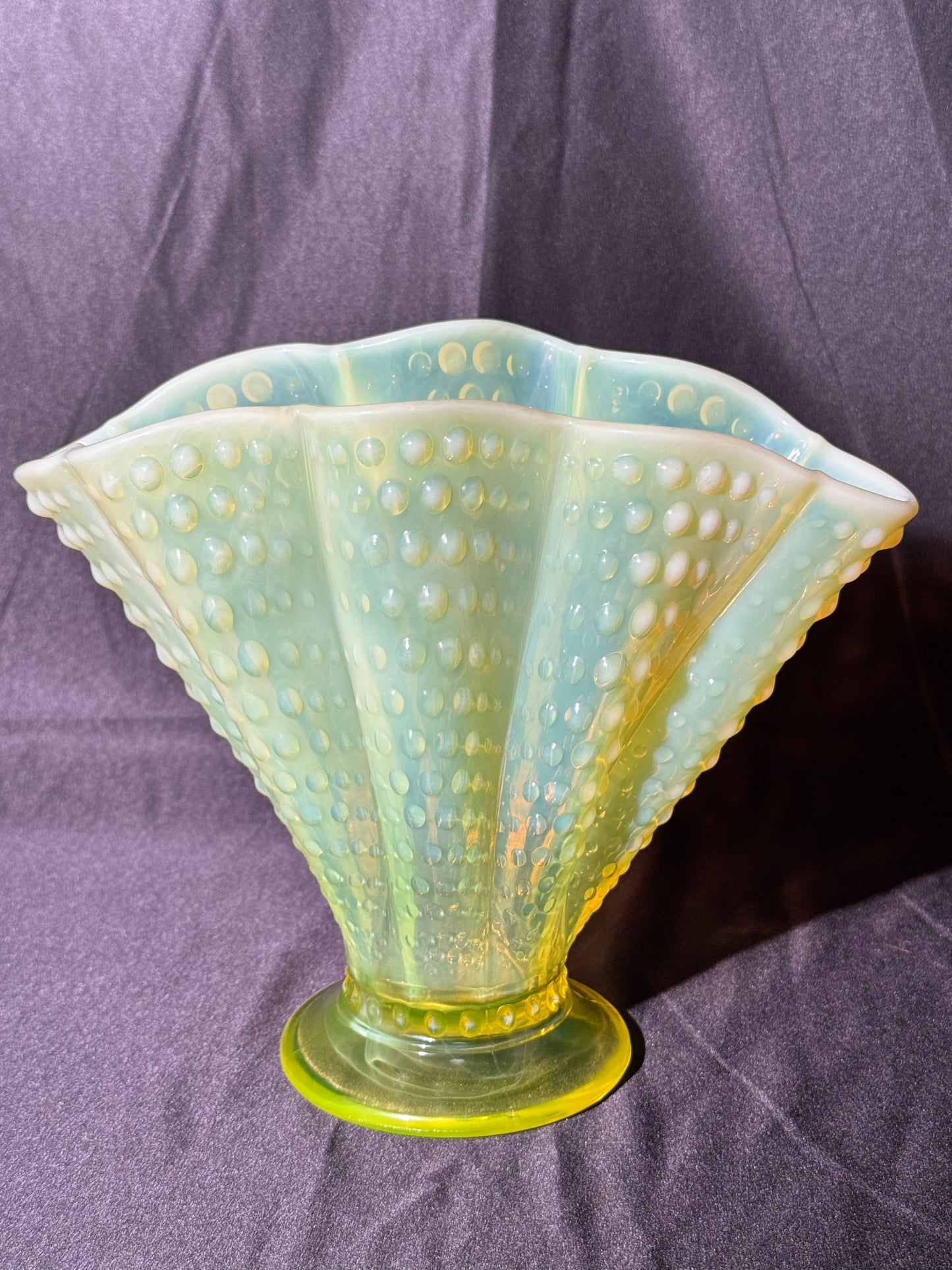 Uranium- Fenton- Hobnail- 8.5” Fan Vase- Topaz Opalescent