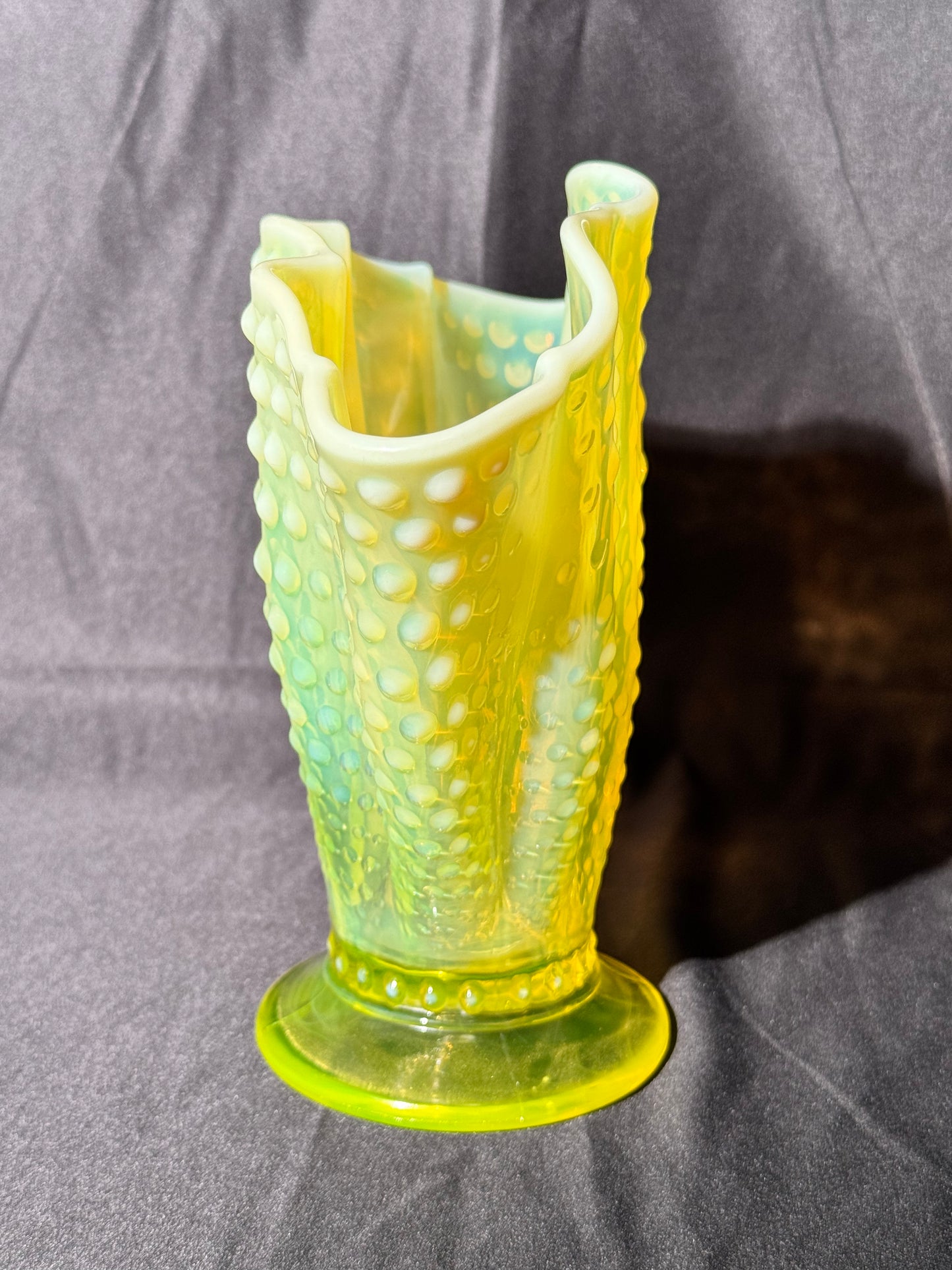Uranium- Fenton- Hobnail- 8.5” Fan Vase- Topaz Opalescent
