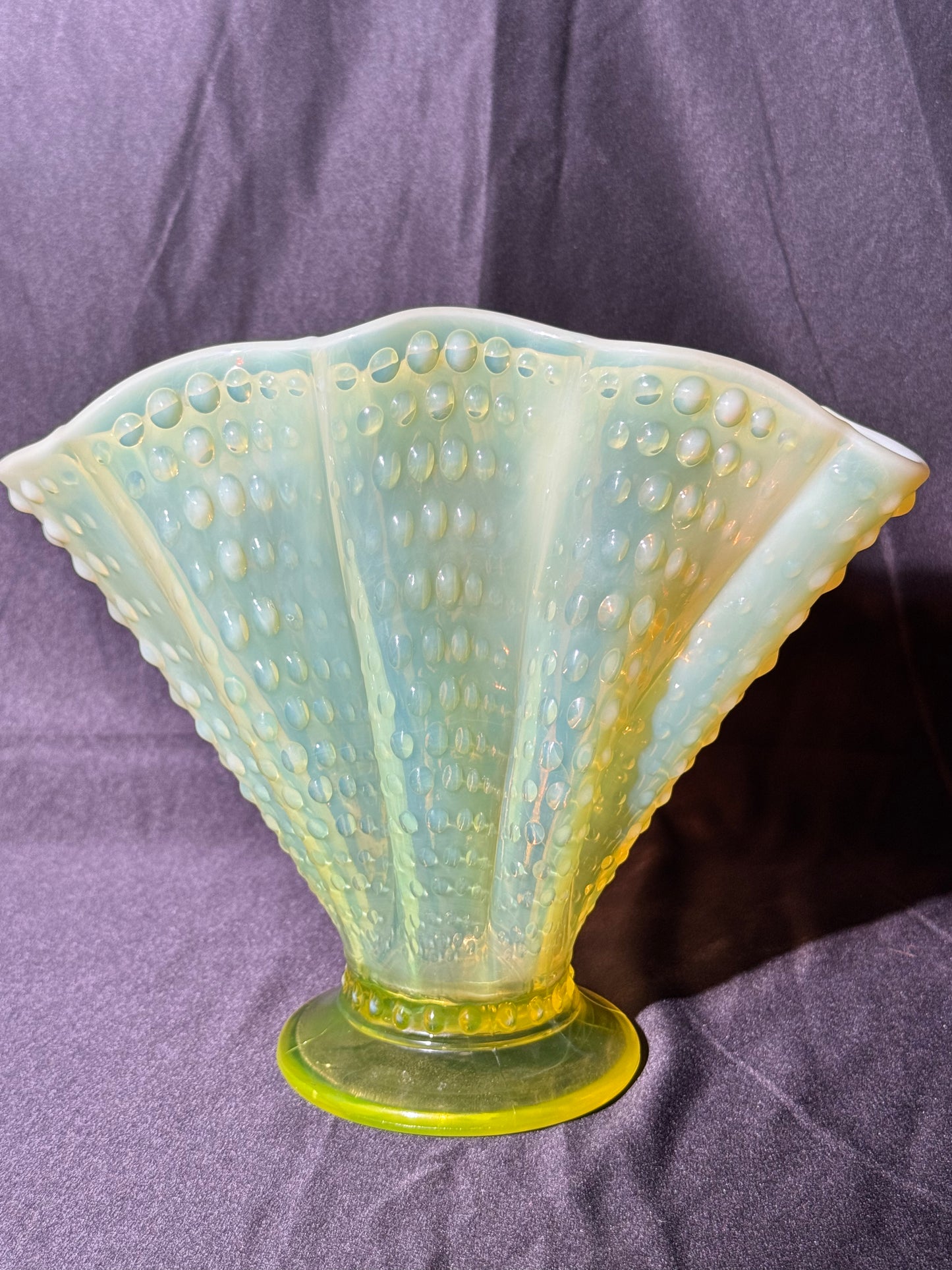 Uranium- Fenton- Hobnail- 8.5” Fan Vase- Topaz Opalescent
