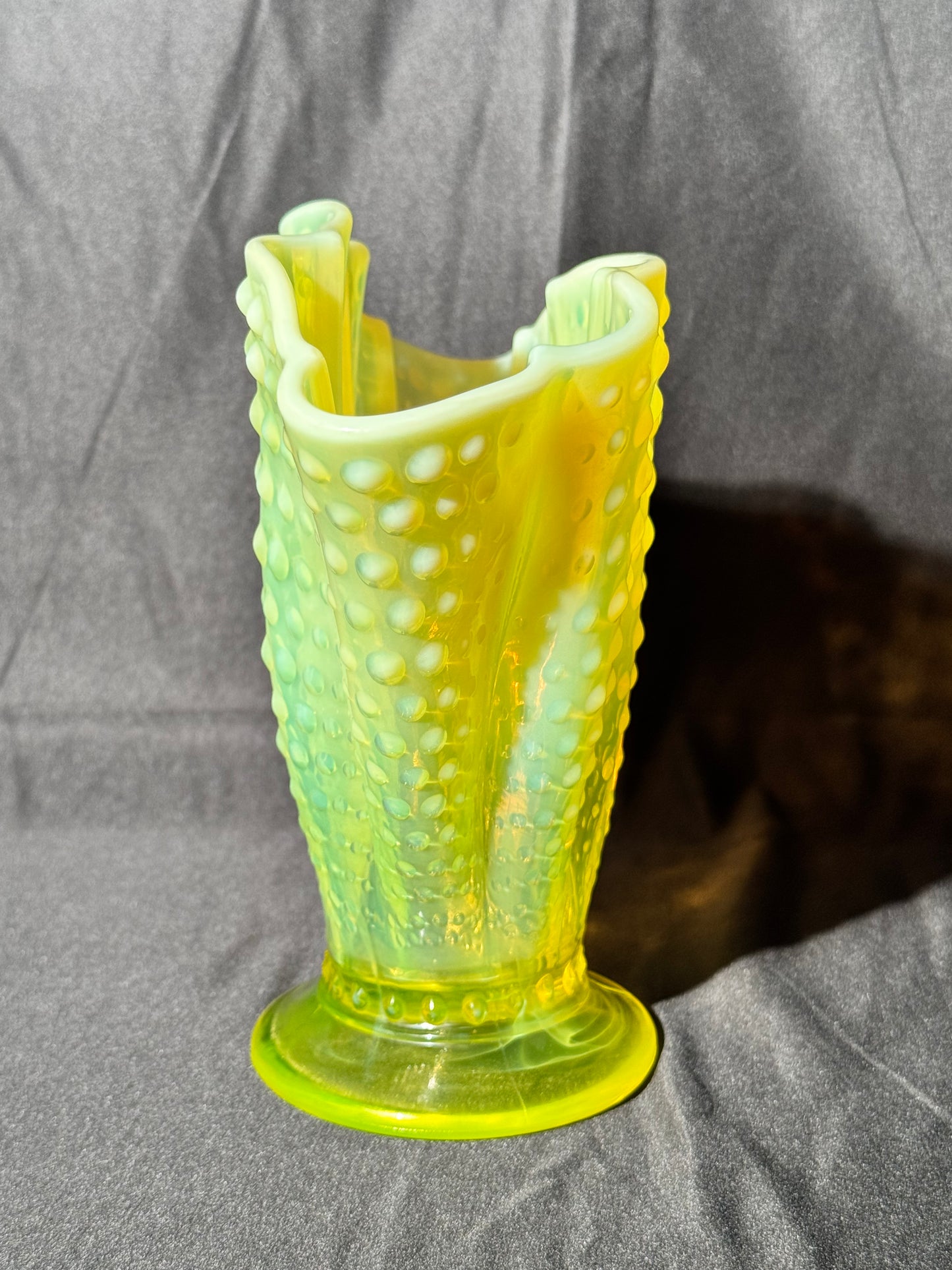 Uranium- Fenton- Hobnail- 8.5” Fan Vase- Topaz Opalescent