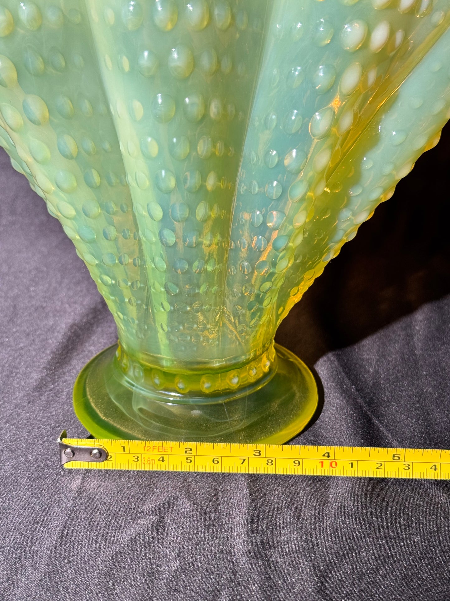 Uranium- Fenton- Hobnail- 8.5” Fan Vase- Topaz Opalescent