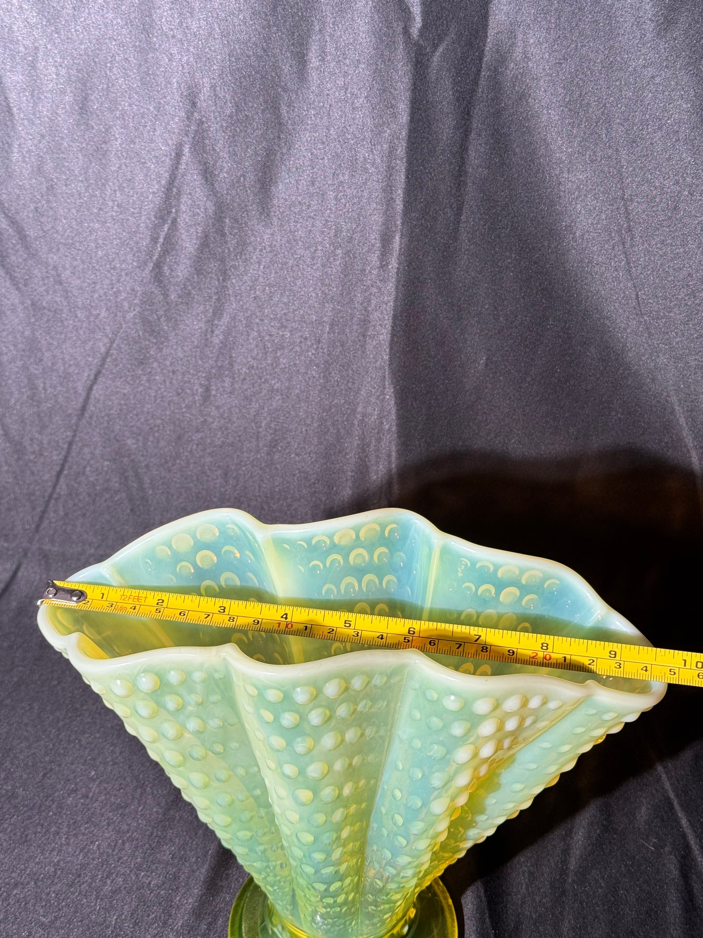 Uranium- Fenton- Hobnail- 8.5” Fan Vase- Topaz Opalescent