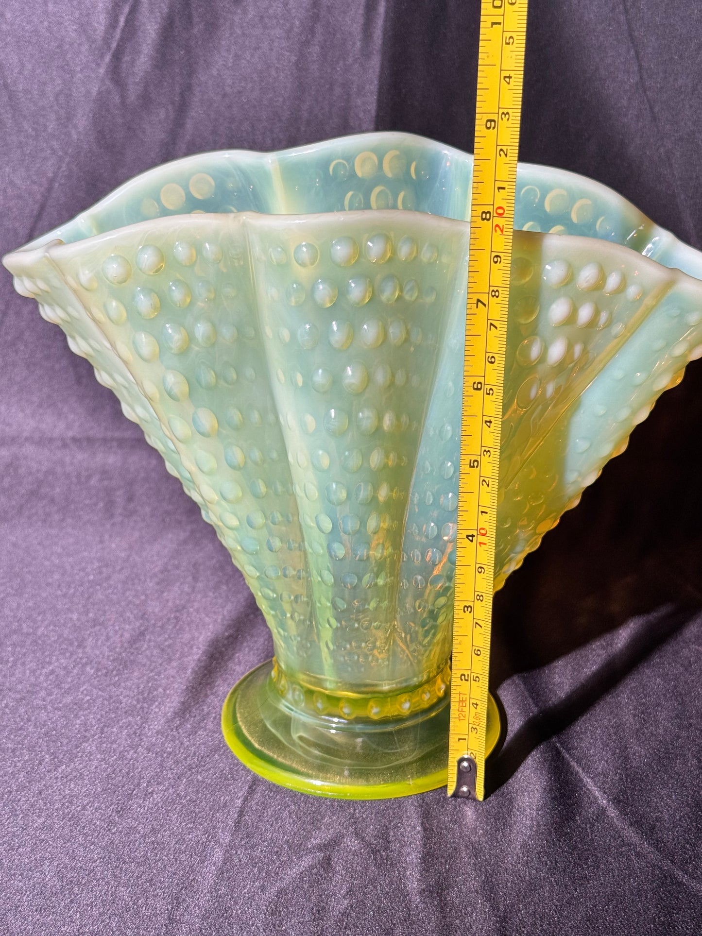 Uranium- Fenton- Hobnail- 8.5” Fan Vase- Topaz Opalescent