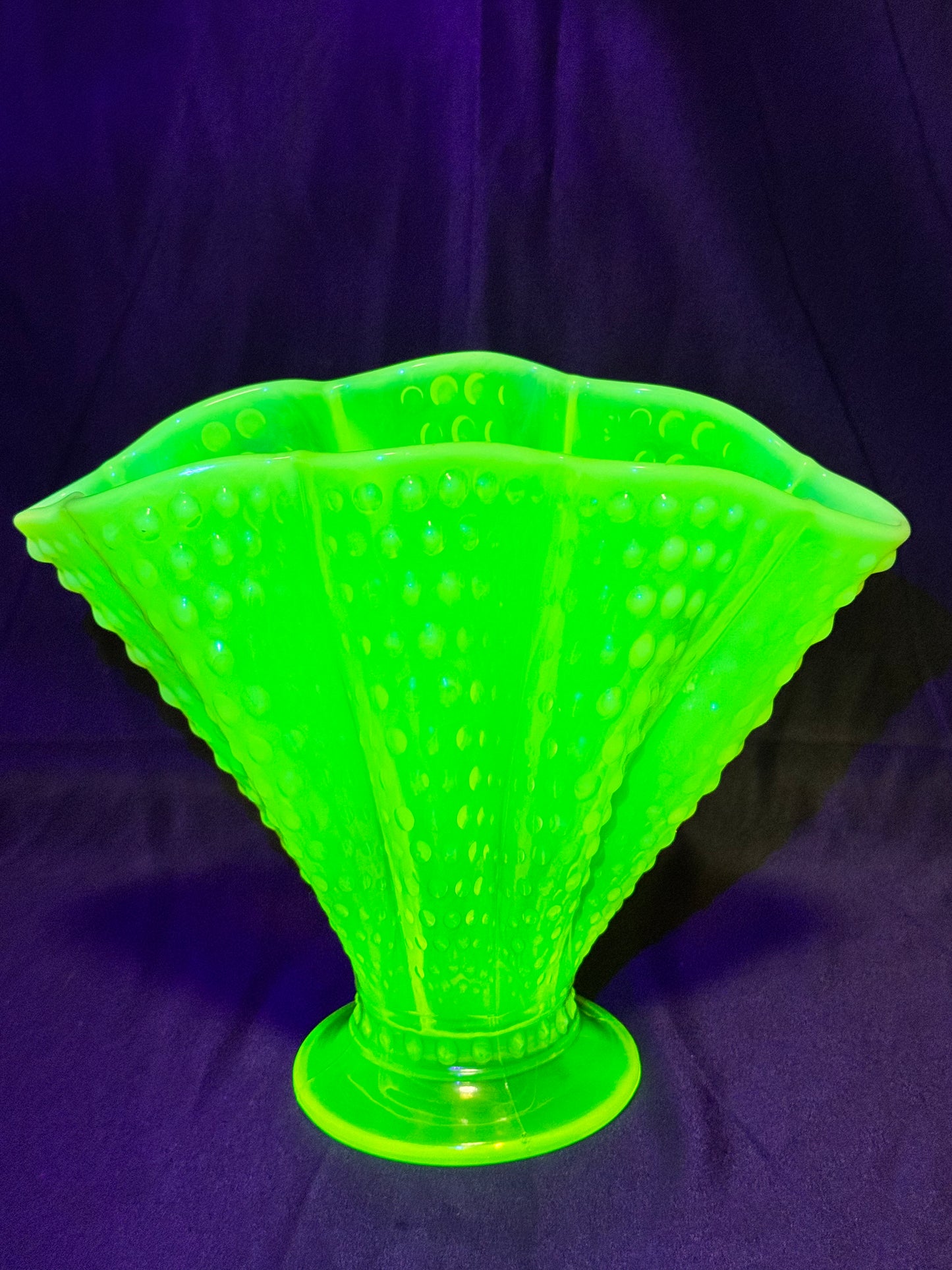 Uranium- Fenton- Hobnail- 8.5” Fan Vase- Topaz Opalescent