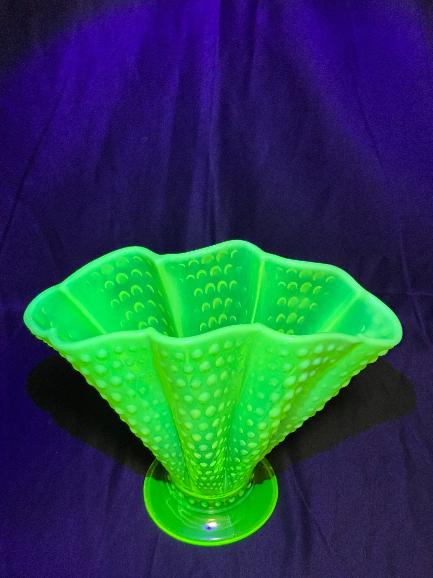 Uranium- Fenton- Hobnail- 8.5” Fan Vase- Topaz Opalescent