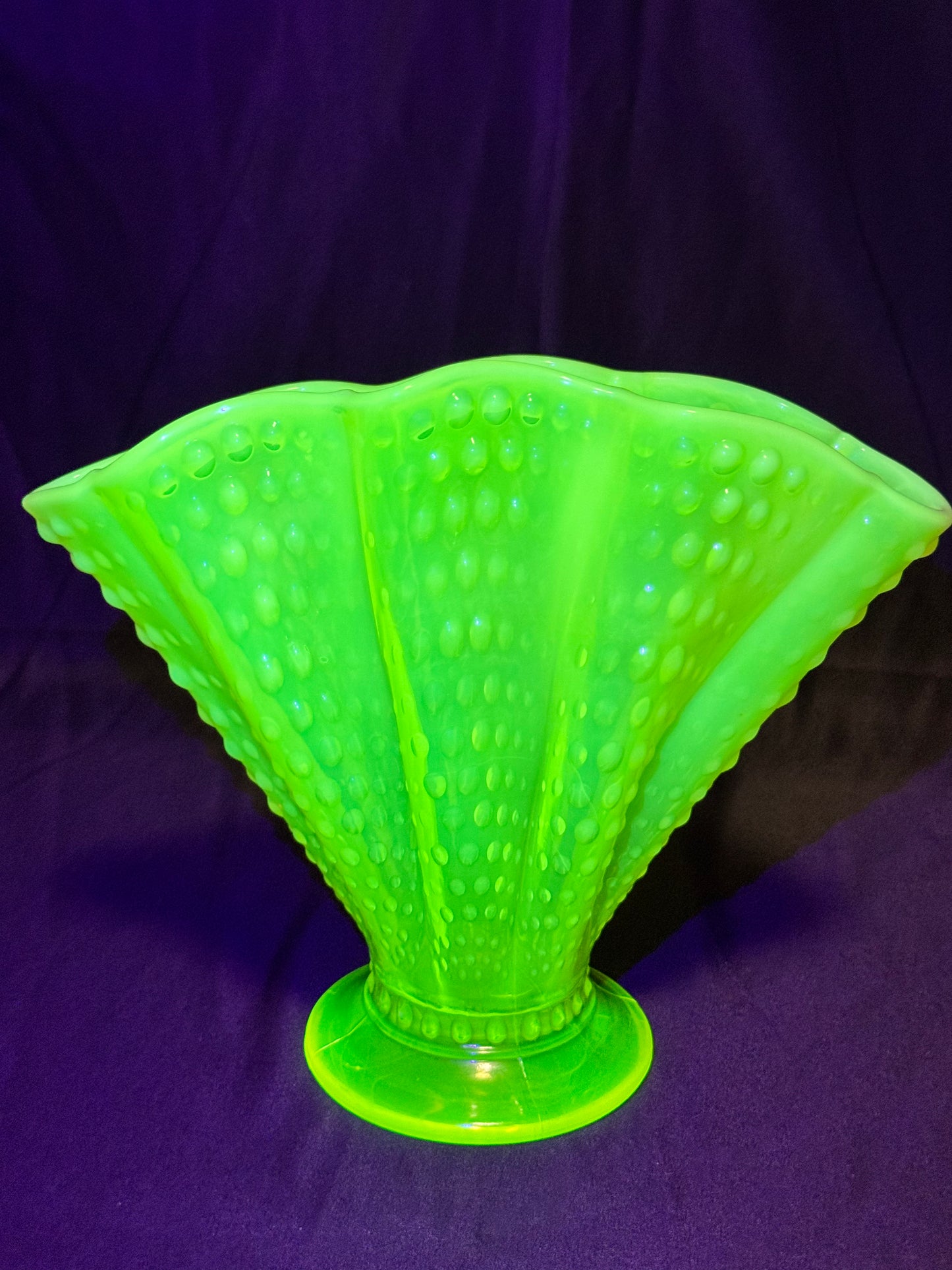 Uranium- Fenton- Hobnail- 8.5” Fan Vase- Topaz Opalescent