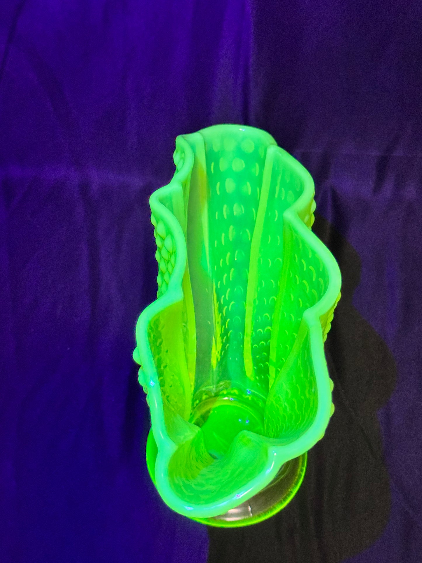 Uranium- Fenton- Hobnail- 8.5” Fan Vase- Topaz Opalescent