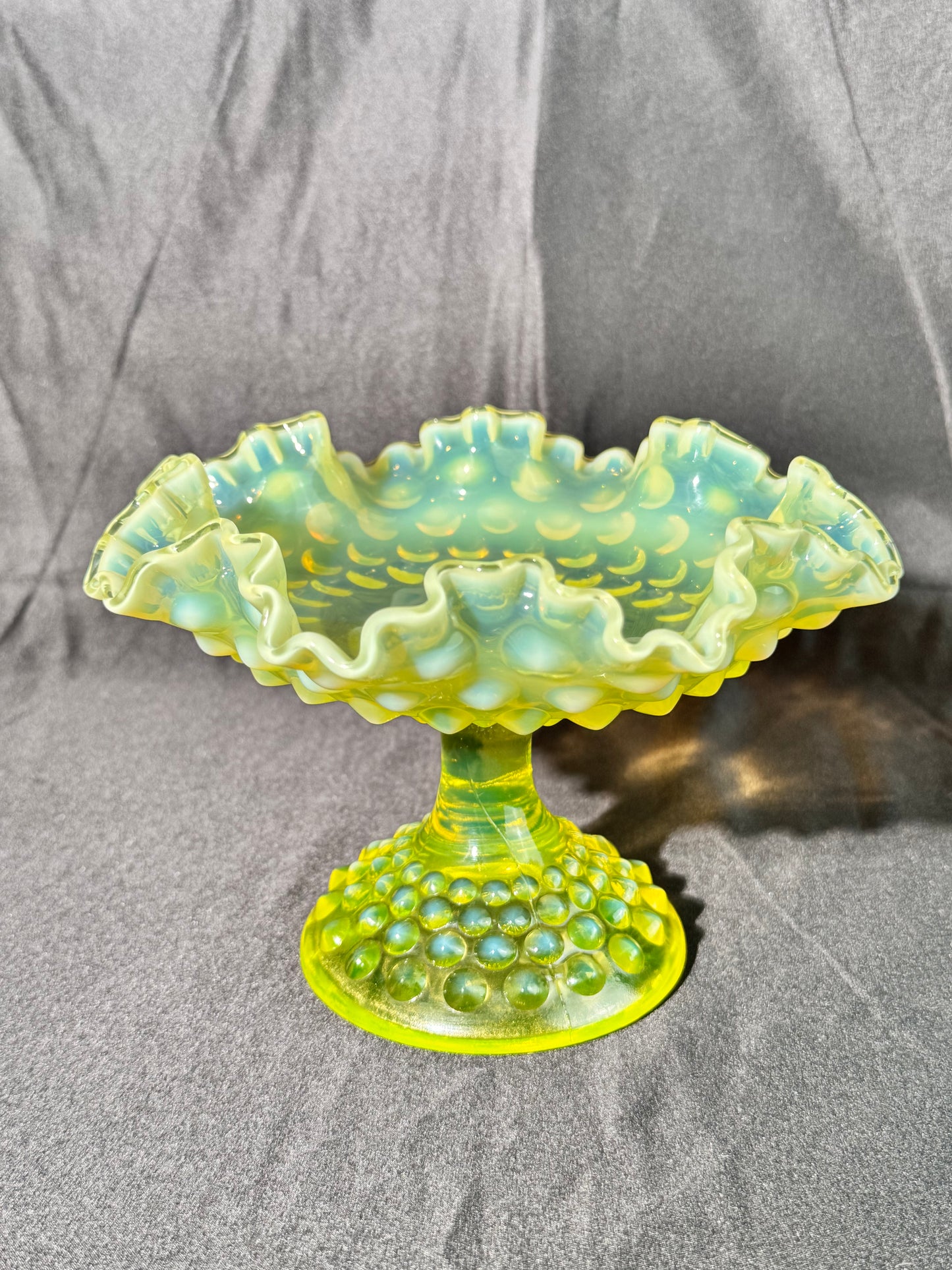 Uranium- Fenton- Hobnail -Compote - Topaz Opalescent- Footed Ruffled, crimped style - early 20th century
