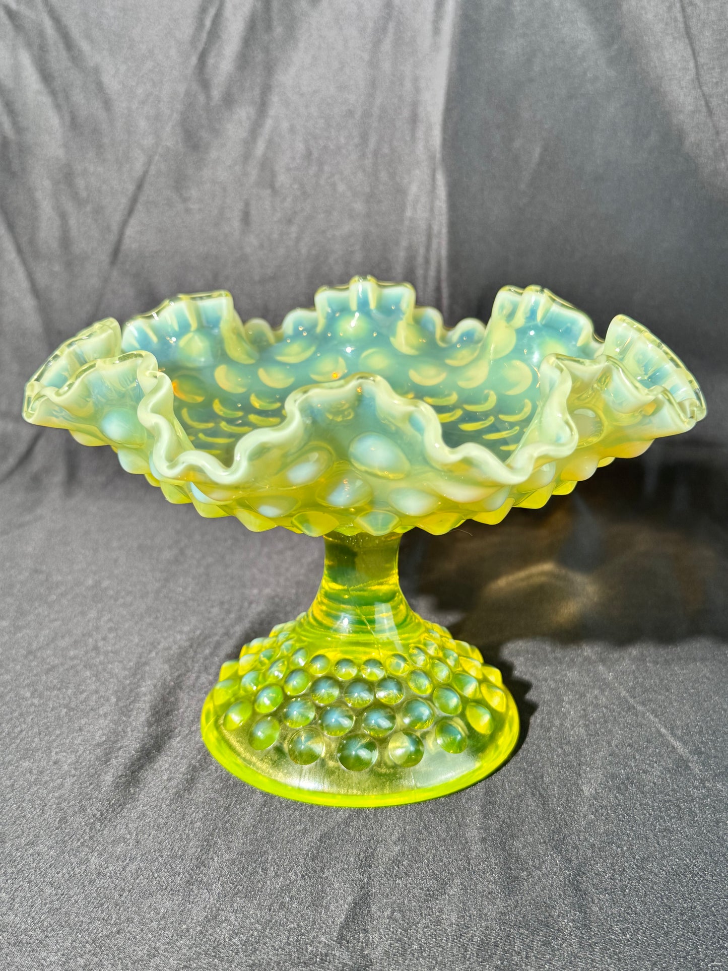 Uranium- Fenton- Hobnail -Compote - Topaz Opalescent- Footed Ruffled, crimped style - early 20th century