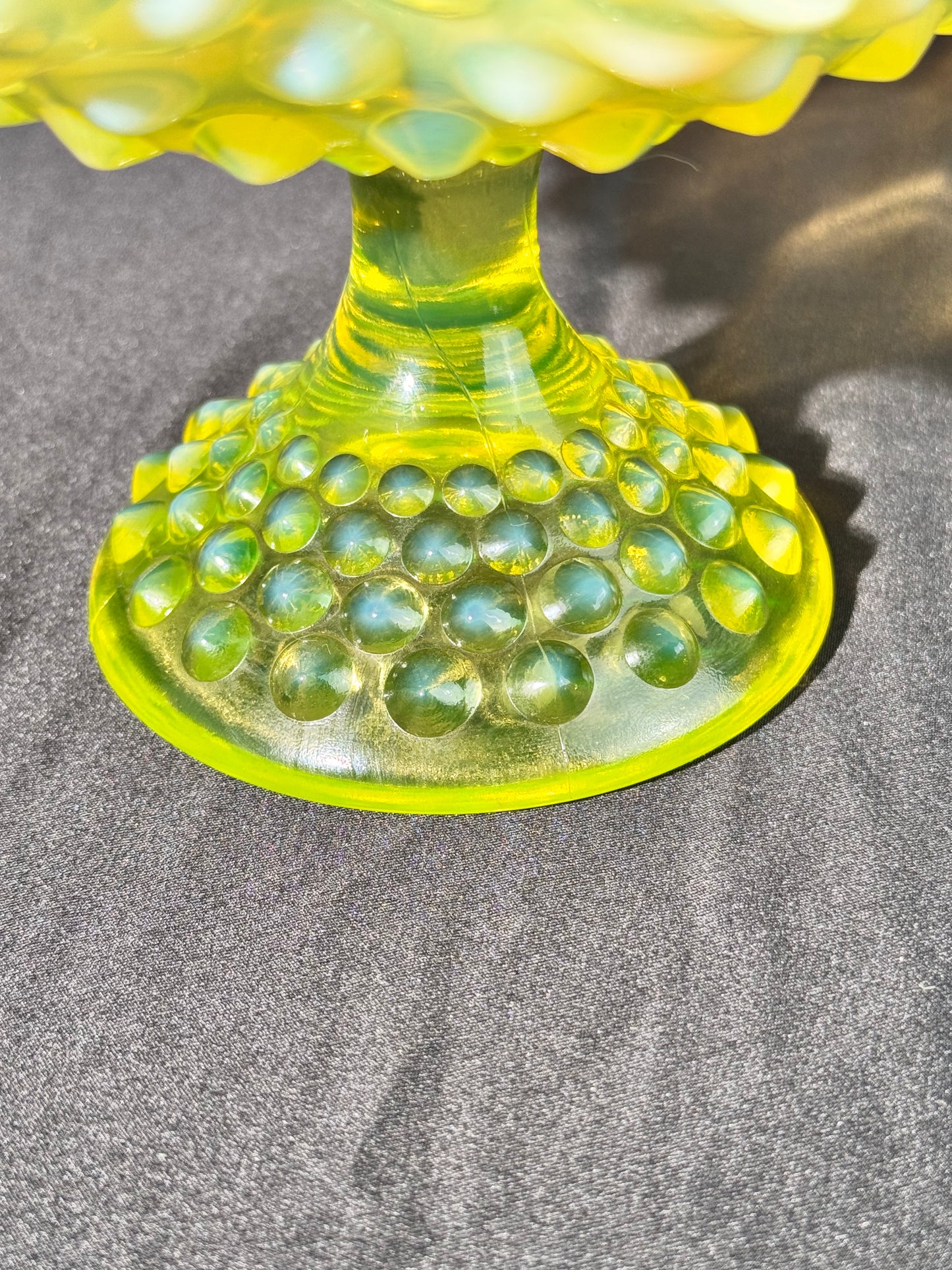 Uranium- Fenton- Hobnail -Compote - Topaz Opalescent- Footed Ruffled, crimped style - early 20th century
