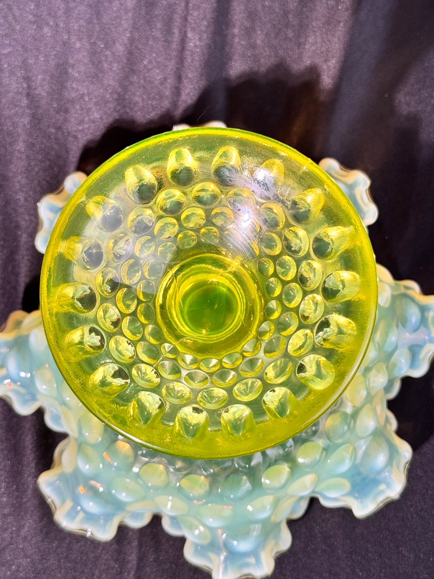 Uranium- Fenton- Hobnail -Compote - Topaz Opalescent- Footed Ruffled, crimped style - early 20th century