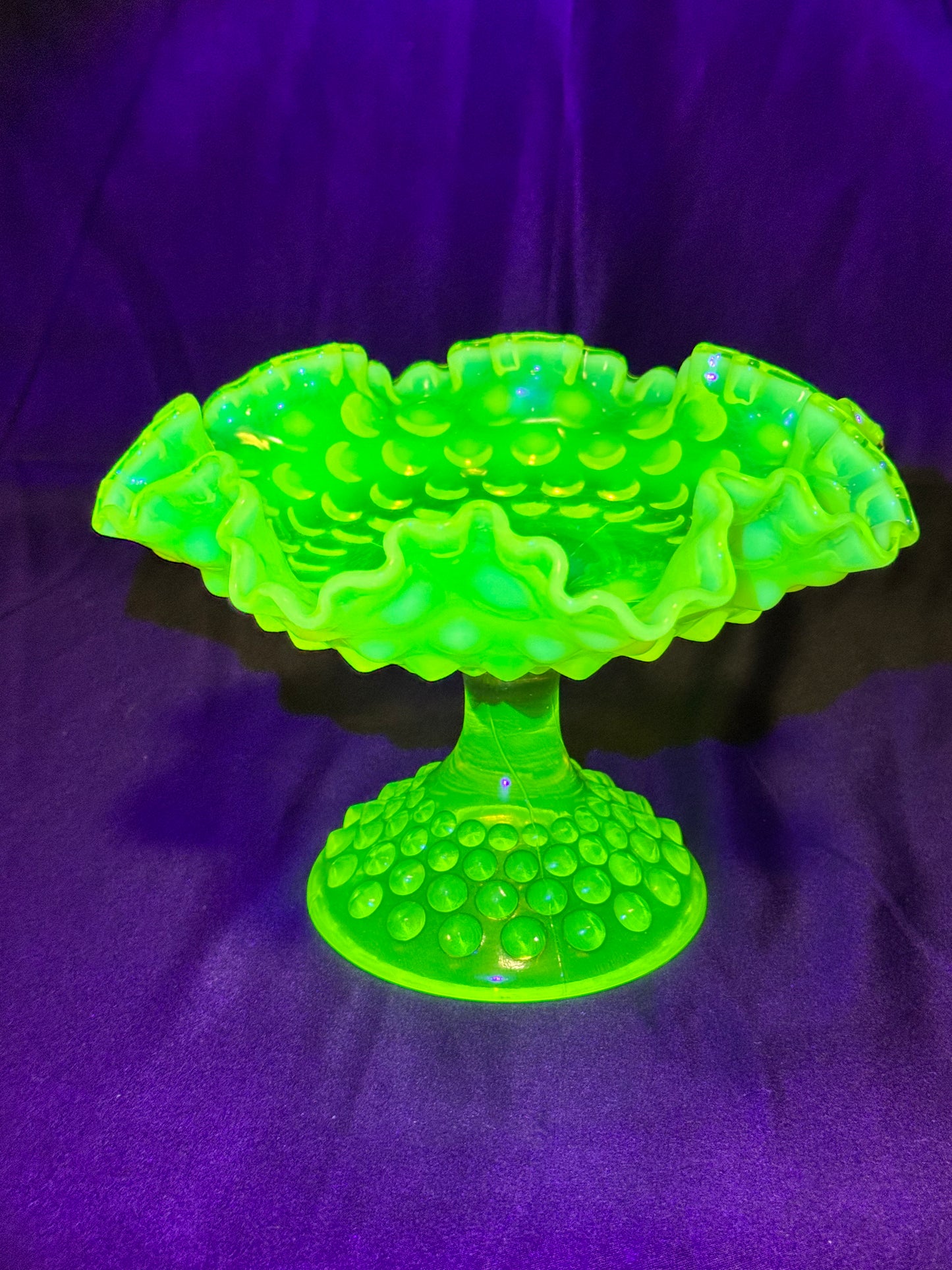 Uranium- Fenton- Hobnail -Compote - Topaz Opalescent- Footed Ruffled, crimped style - early 20th century