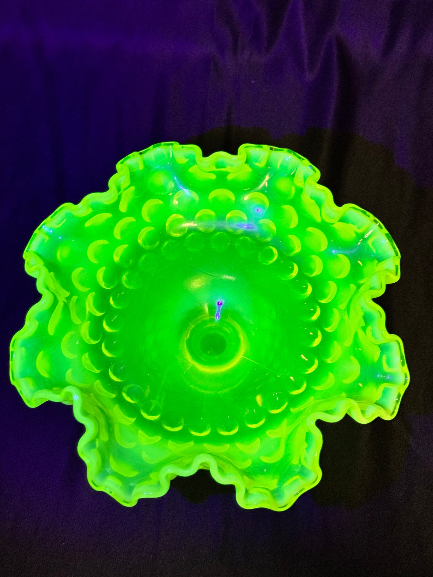 Uranium- Fenton- Hobnail -Compote - Topaz Opalescent- Footed Ruffled, crimped style - early 20th century