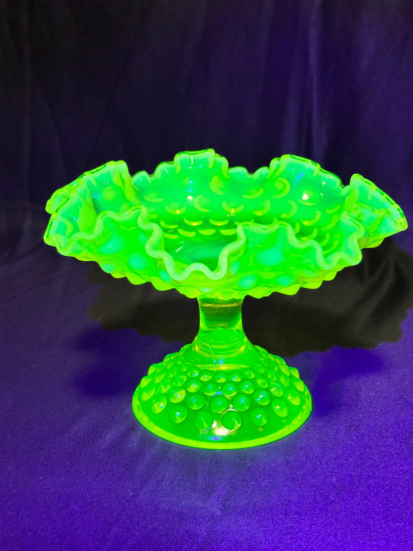Uranium- Fenton- Hobnail -Compote - Topaz Opalescent- Footed Ruffled, crimped style - early 20th century