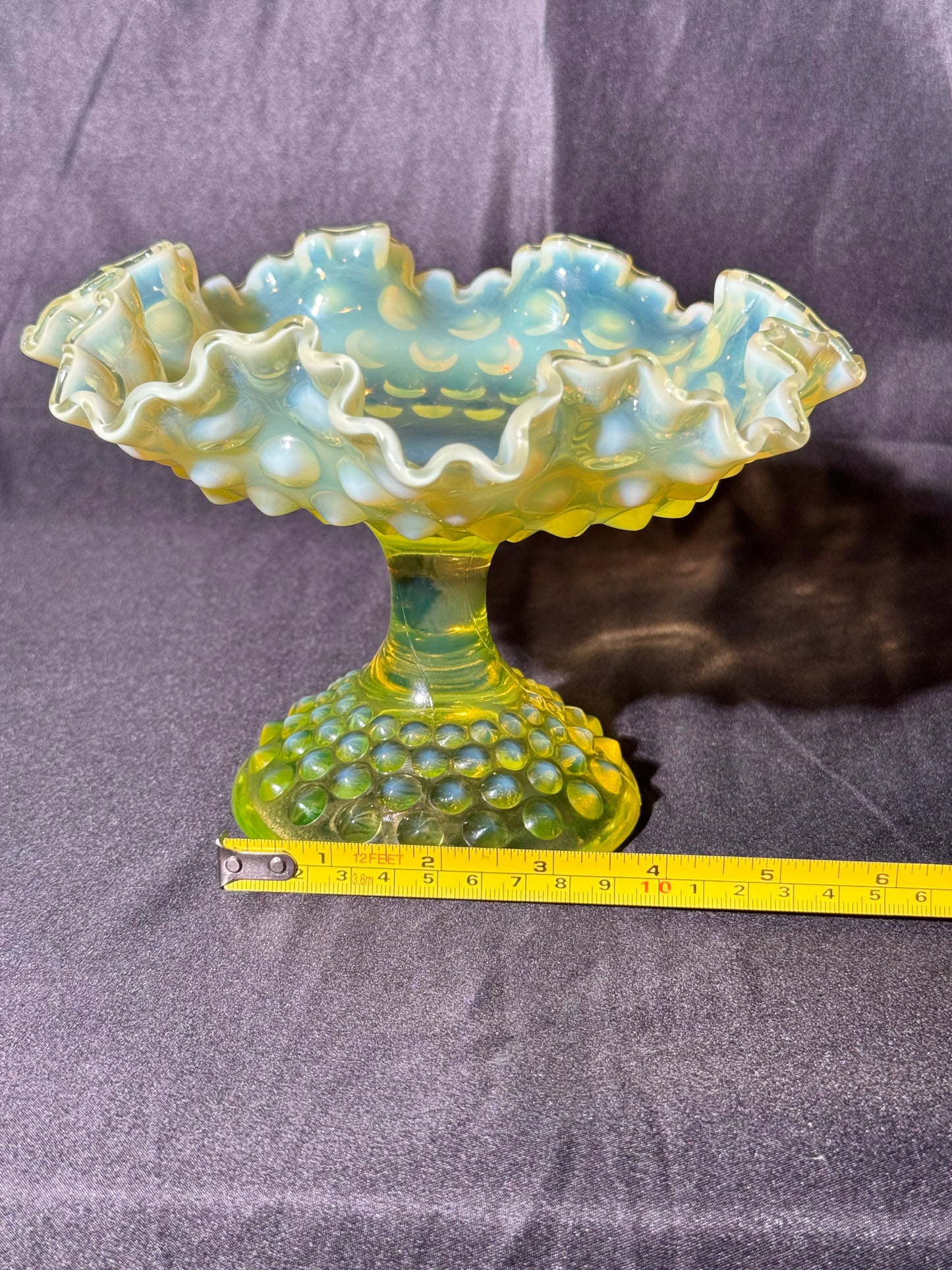 Uranium- Fenton- Hobnail -Compote - Topaz Opalescent- Footed Ruffled, crimped style - early 20th century
