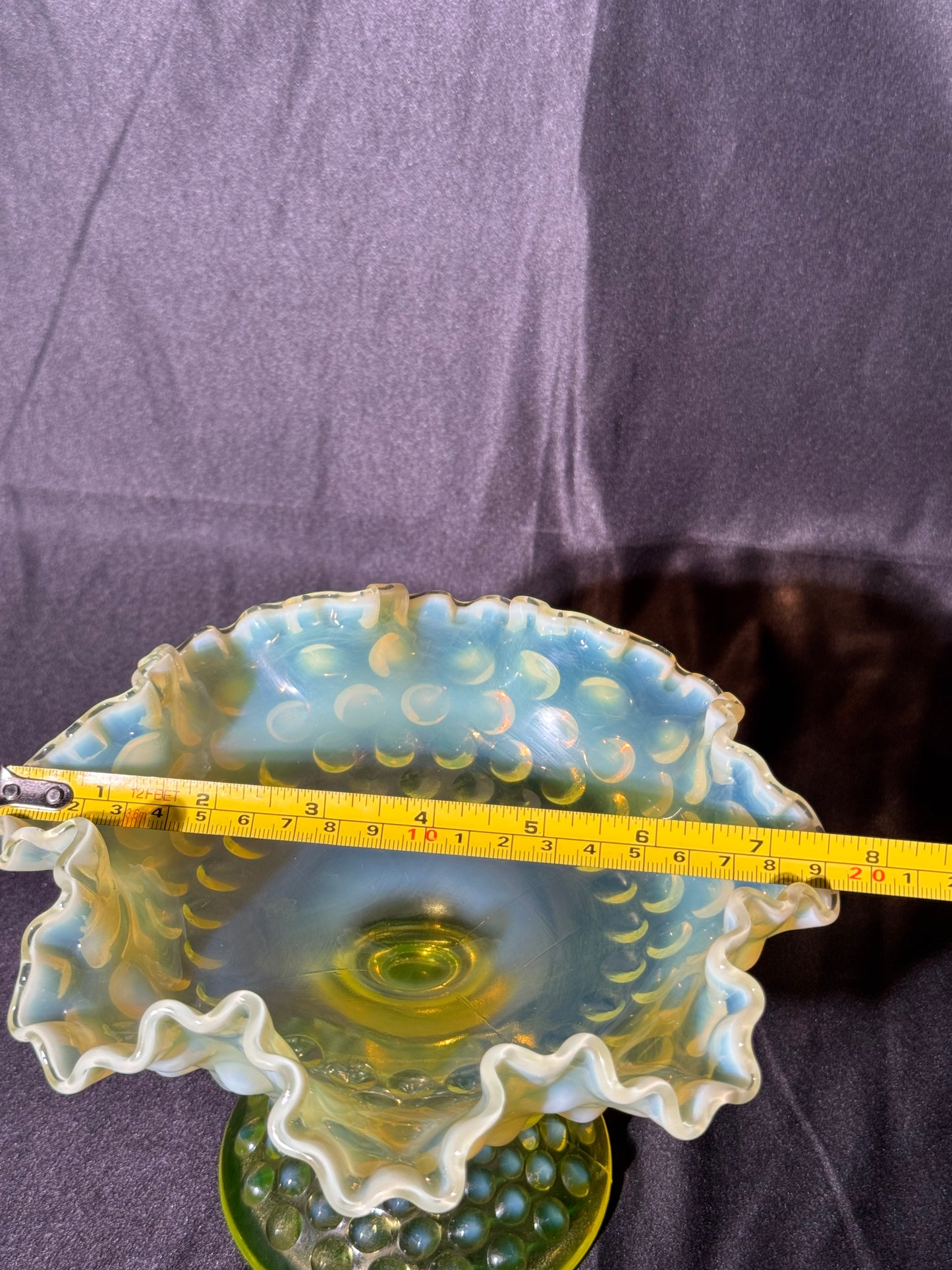 Uranium- Fenton- Hobnail -Compote - Topaz Opalescent- Footed Ruffled, crimped style - early 20th century
