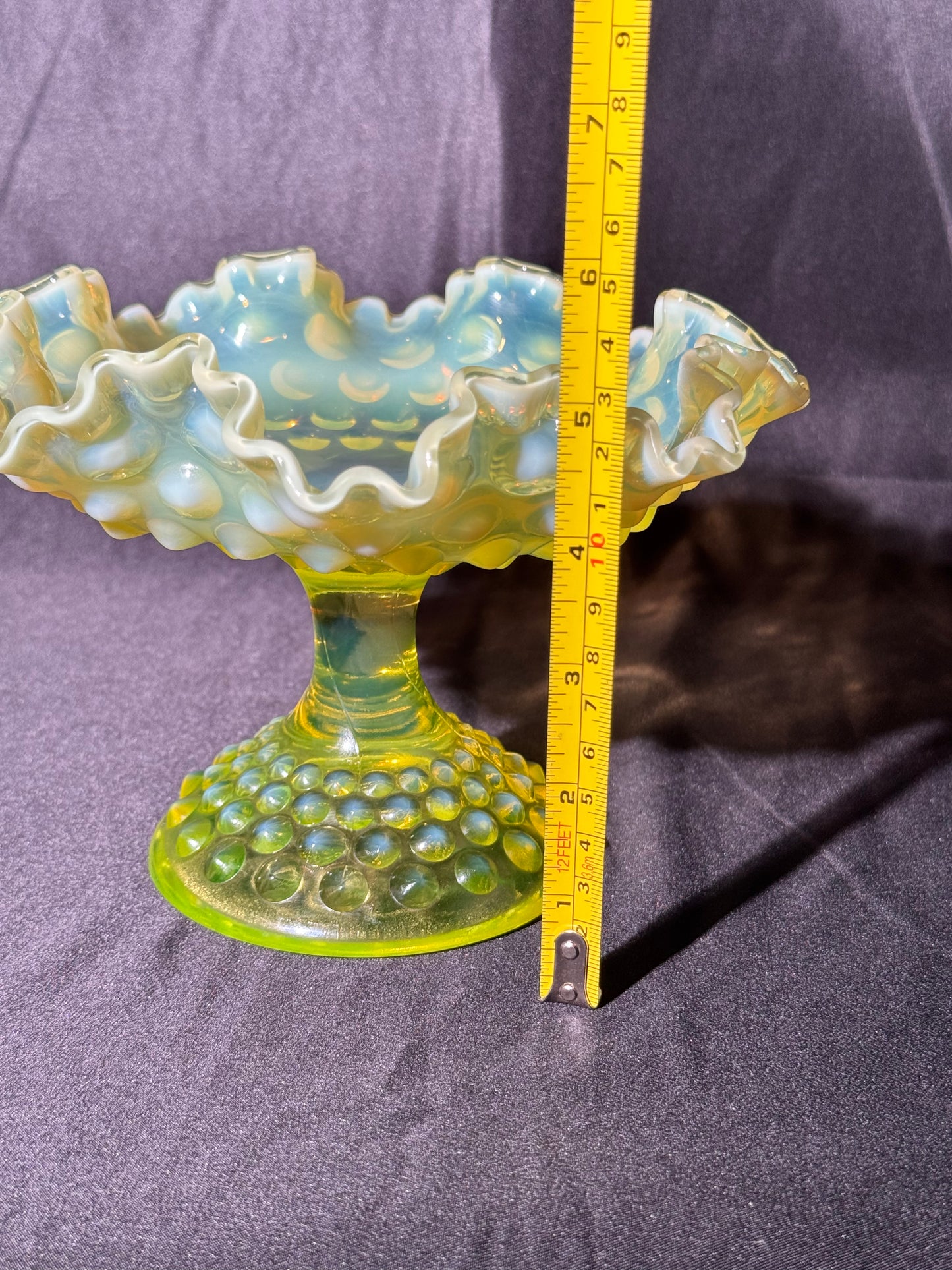 Uranium- Fenton- Hobnail -Compote - Topaz Opalescent- Footed Ruffled, crimped style - early 20th century