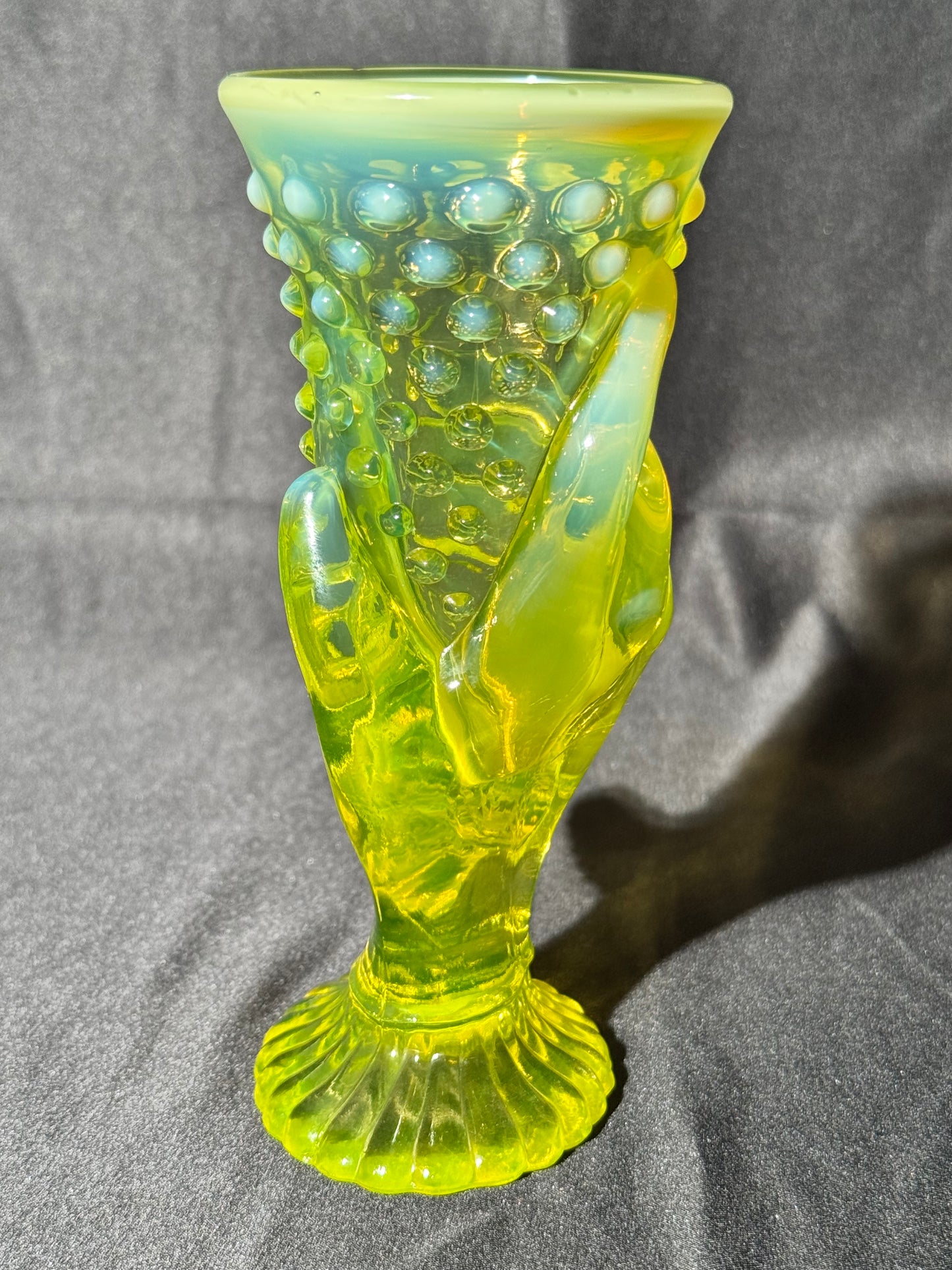 Uranium Rare vintage Fenton Topaz opalescent hobnail hand vase