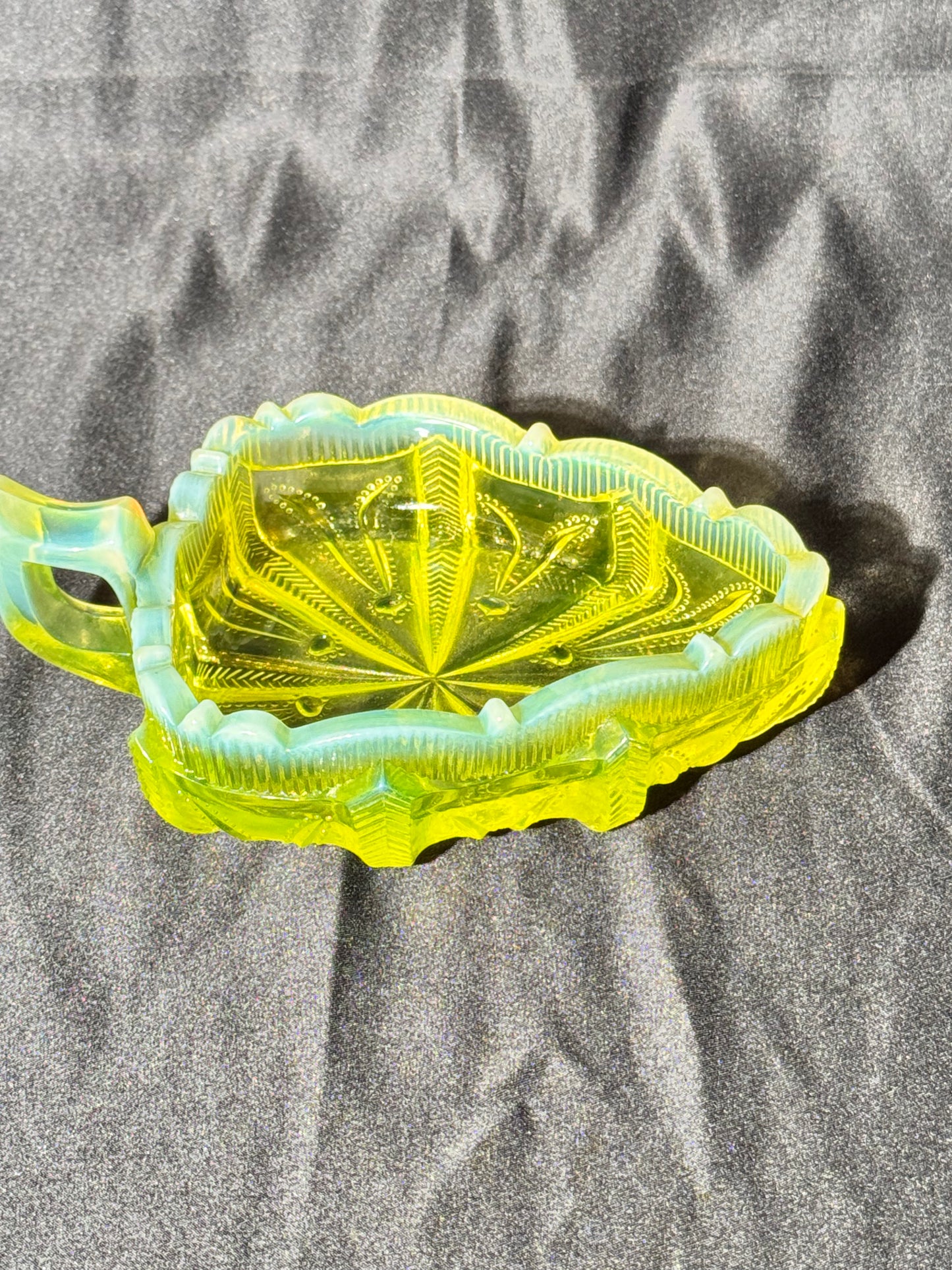 Uranium- Fenton -Cactus- relish dish - topaz opalescent - early 20th century-cactus leaf shape dish