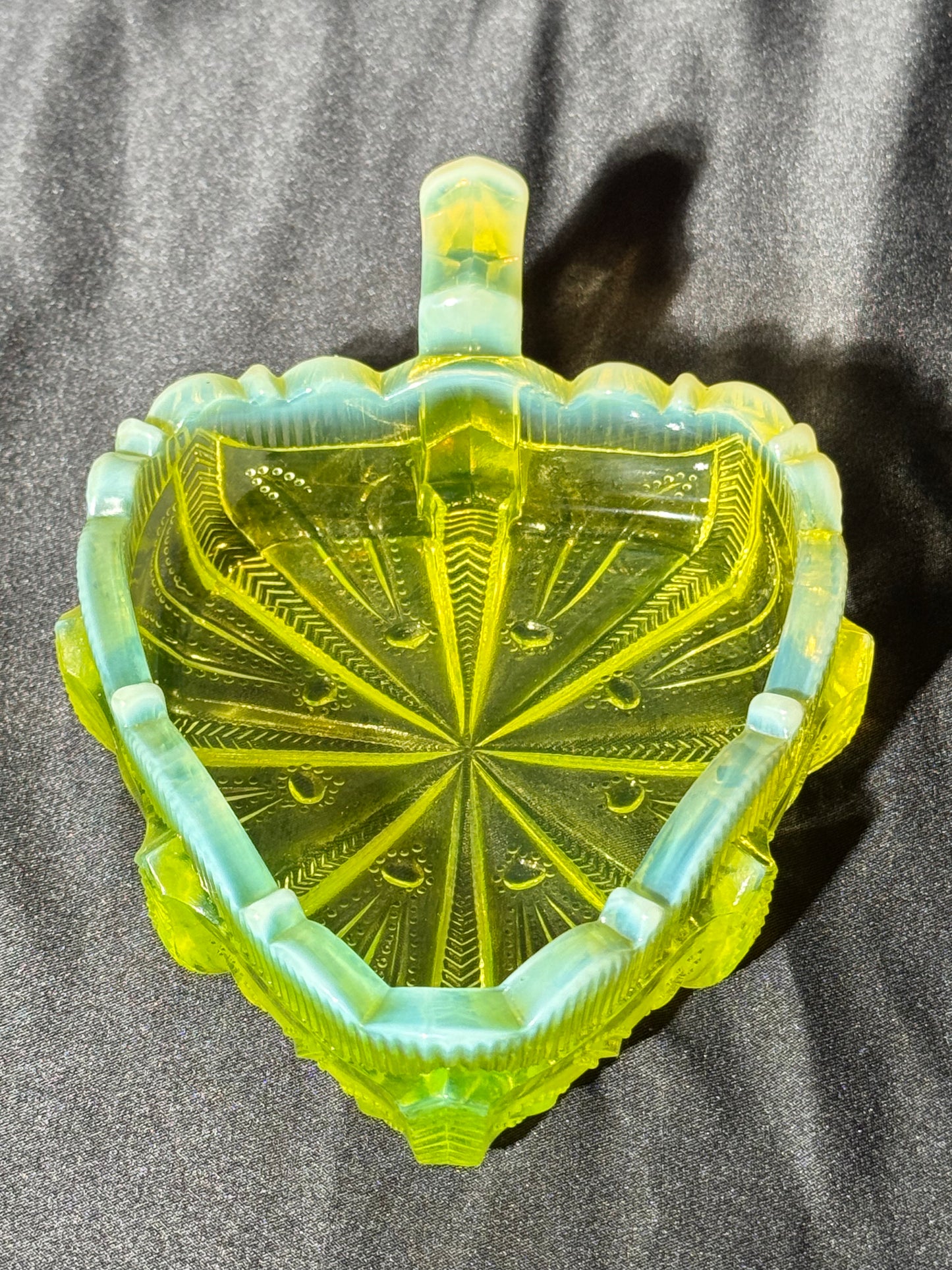 Uranium- Fenton -Cactus- relish dish - topaz opalescent - early 20th century-cactus leaf shape dish
